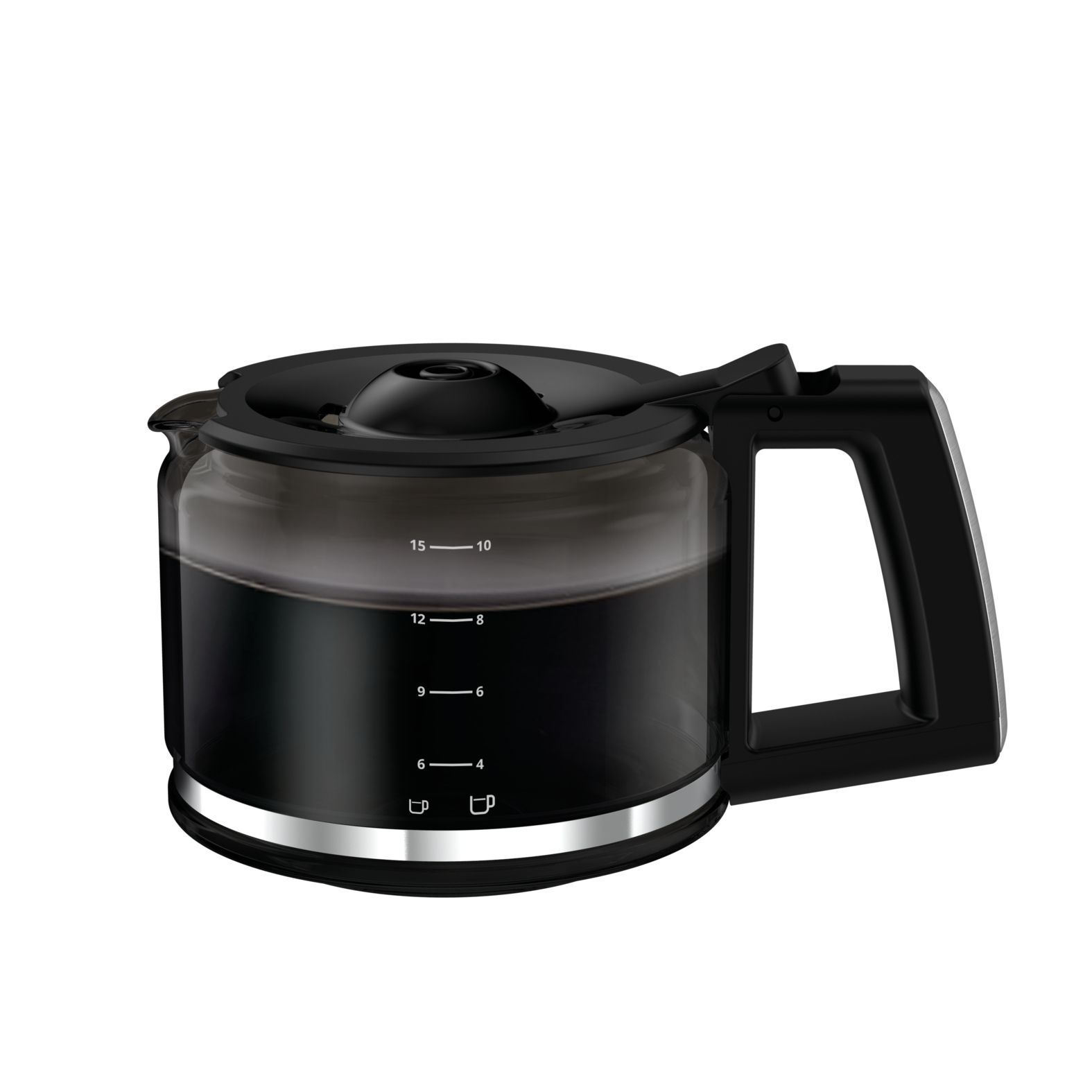 Czarny dzbanek do kawy z przezroczystym szklanym korpusem wypełnionym ciemnym płynem. Ma czarny uchwyt i pokrywkę, z oznaczeniami miary.