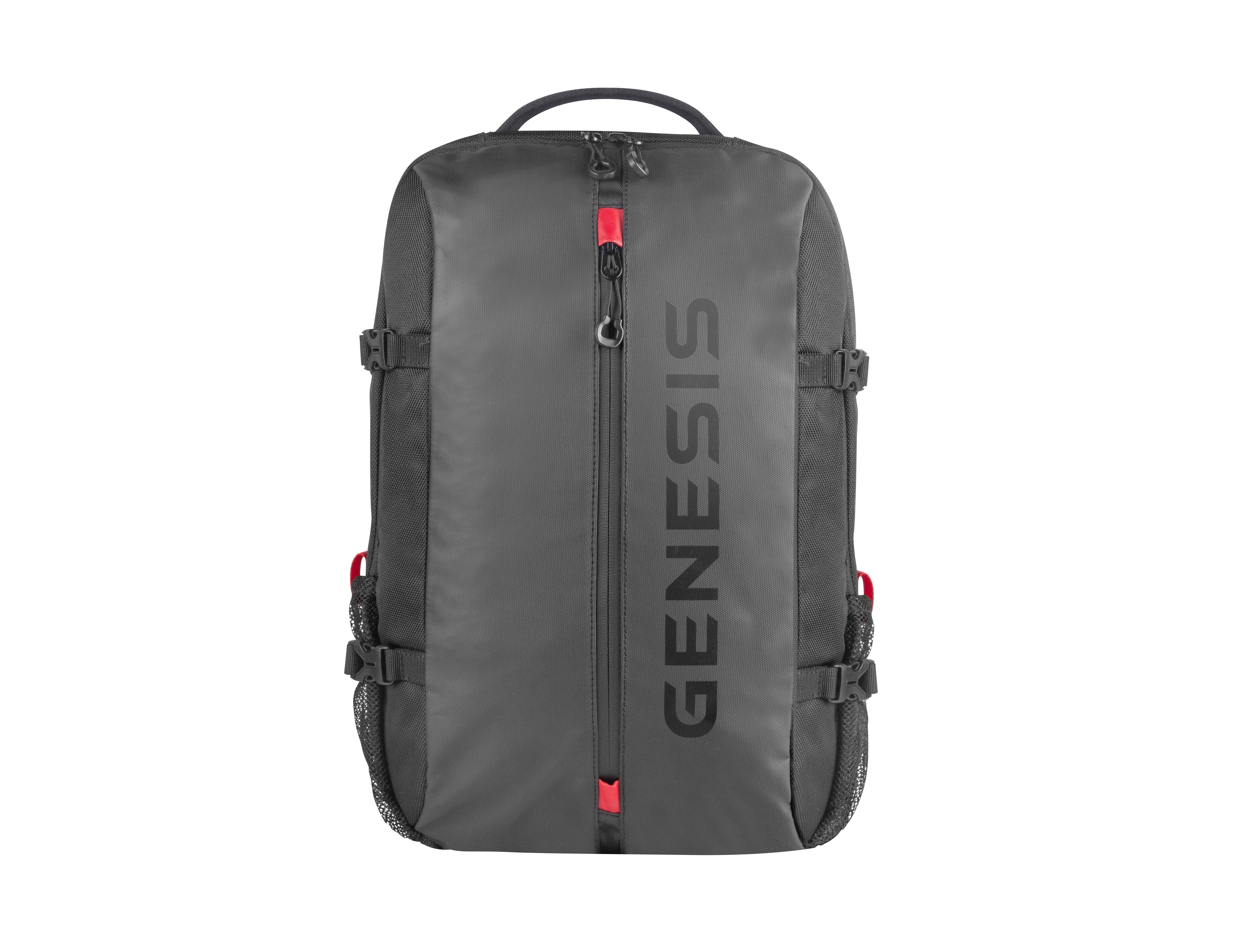 Una mochila gris con detalles rojos y la palabra GENESIS. Tiene bolsillos laterales de malla negra y un asa.