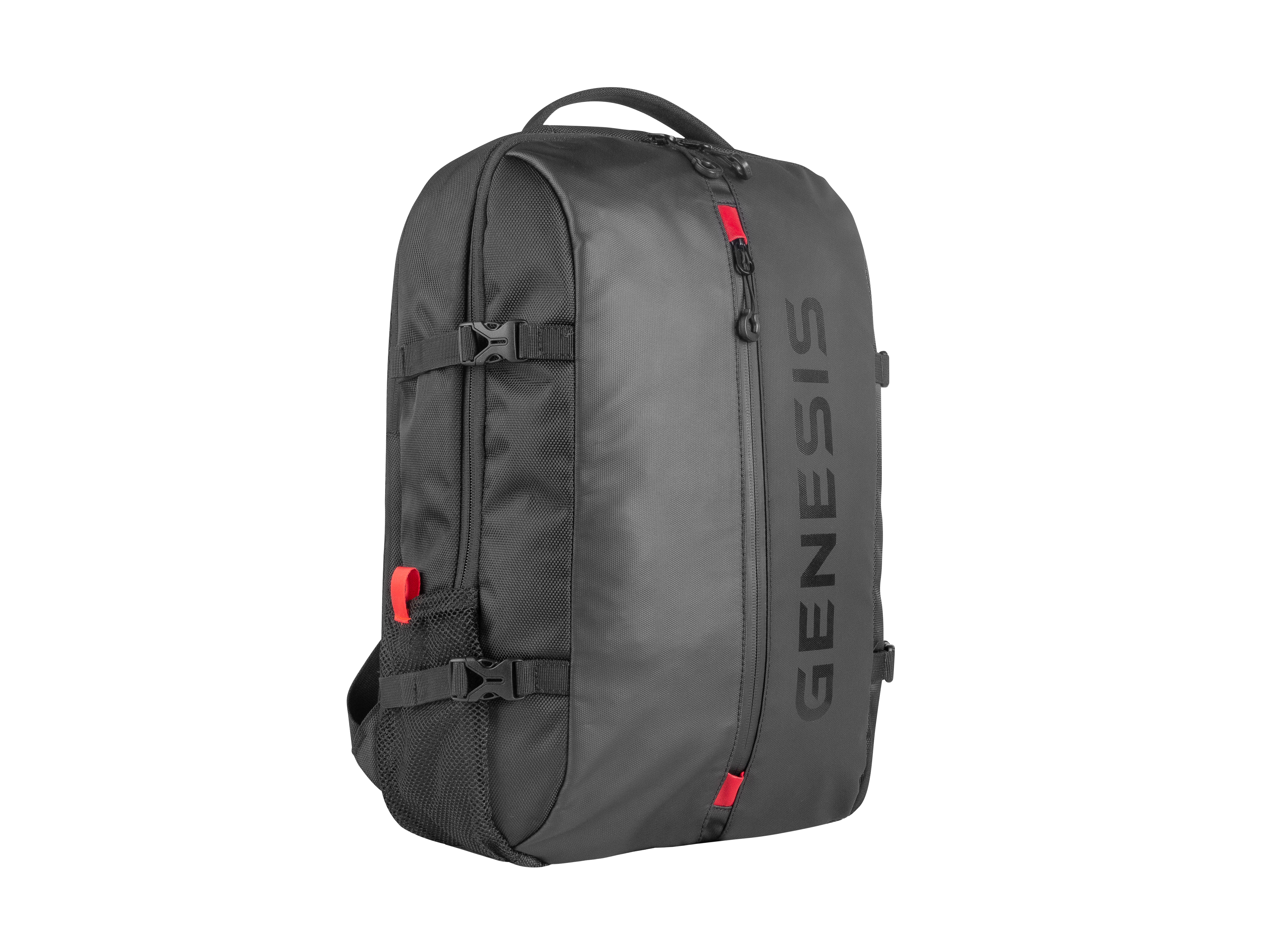 Una mochila gris con texto Genesis negro. Cremalleras y detalles en rojo. Bolsillos laterales y frontales. Asa superior.