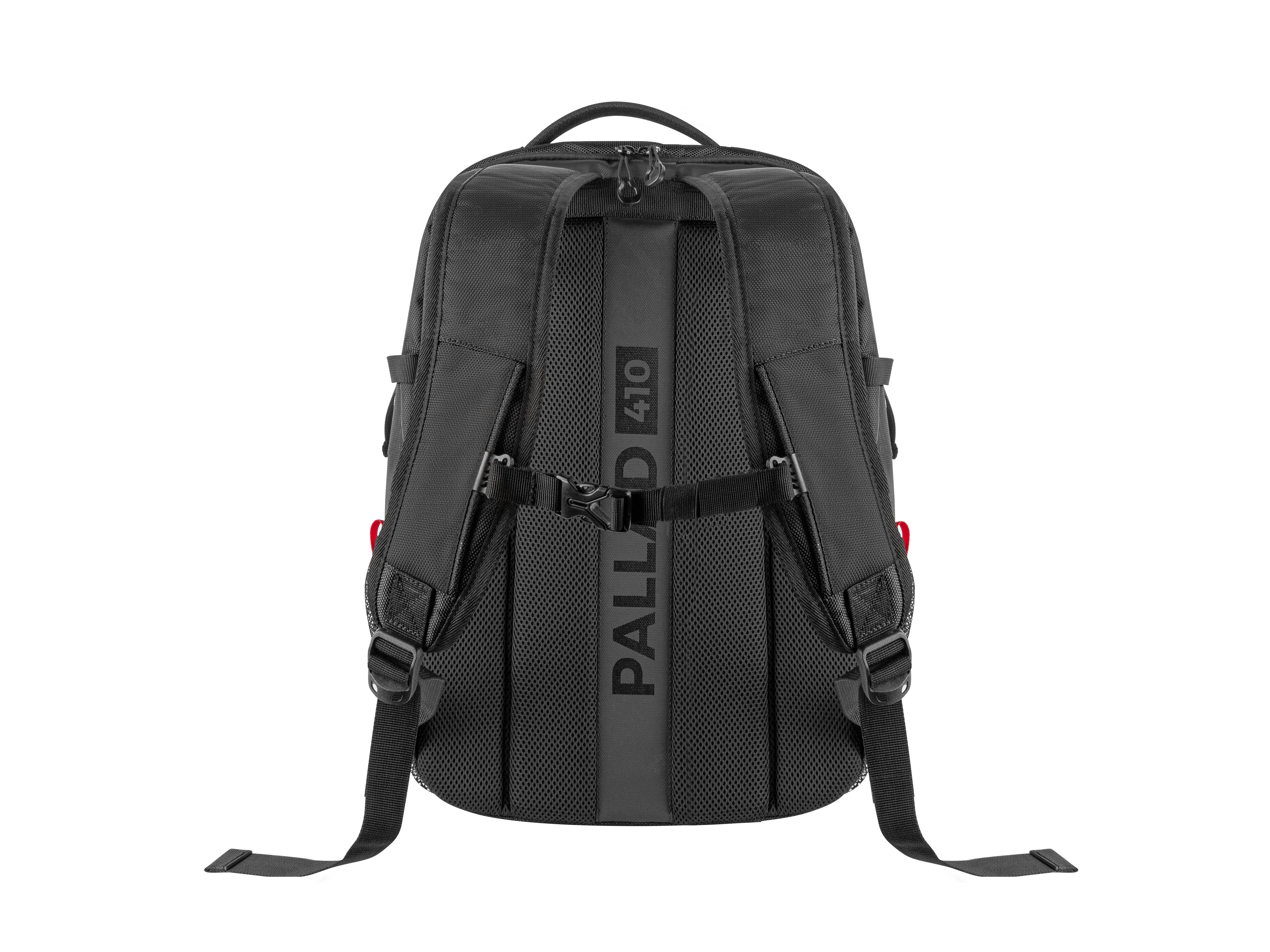 Mochila negra con correas ajustables y asa. Visible la marca PALLAD.