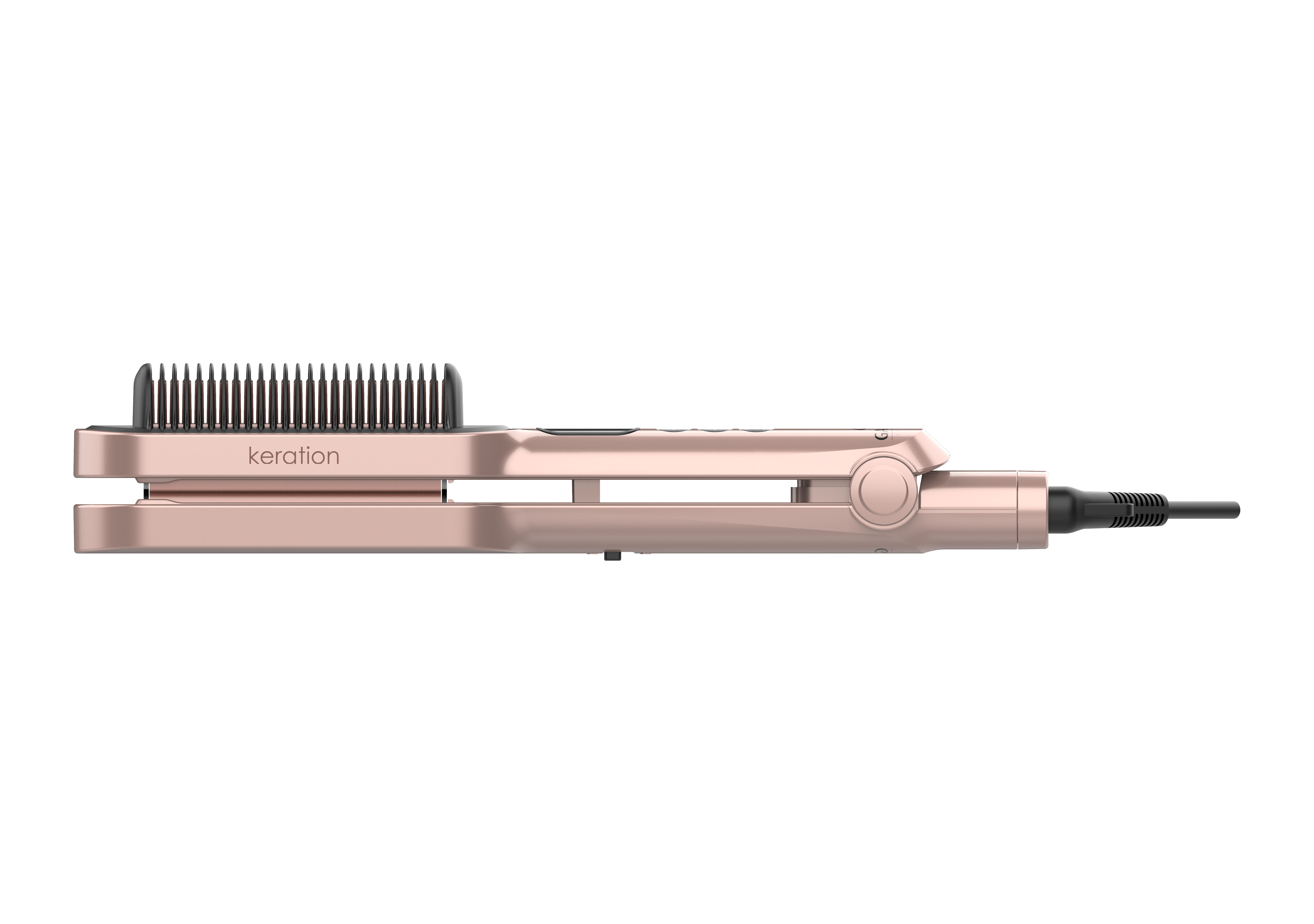 Strumento per lo styling dei capelli oro rosa. Pettine e cavo neri. 'keration' stampato. Sfondo bianco.