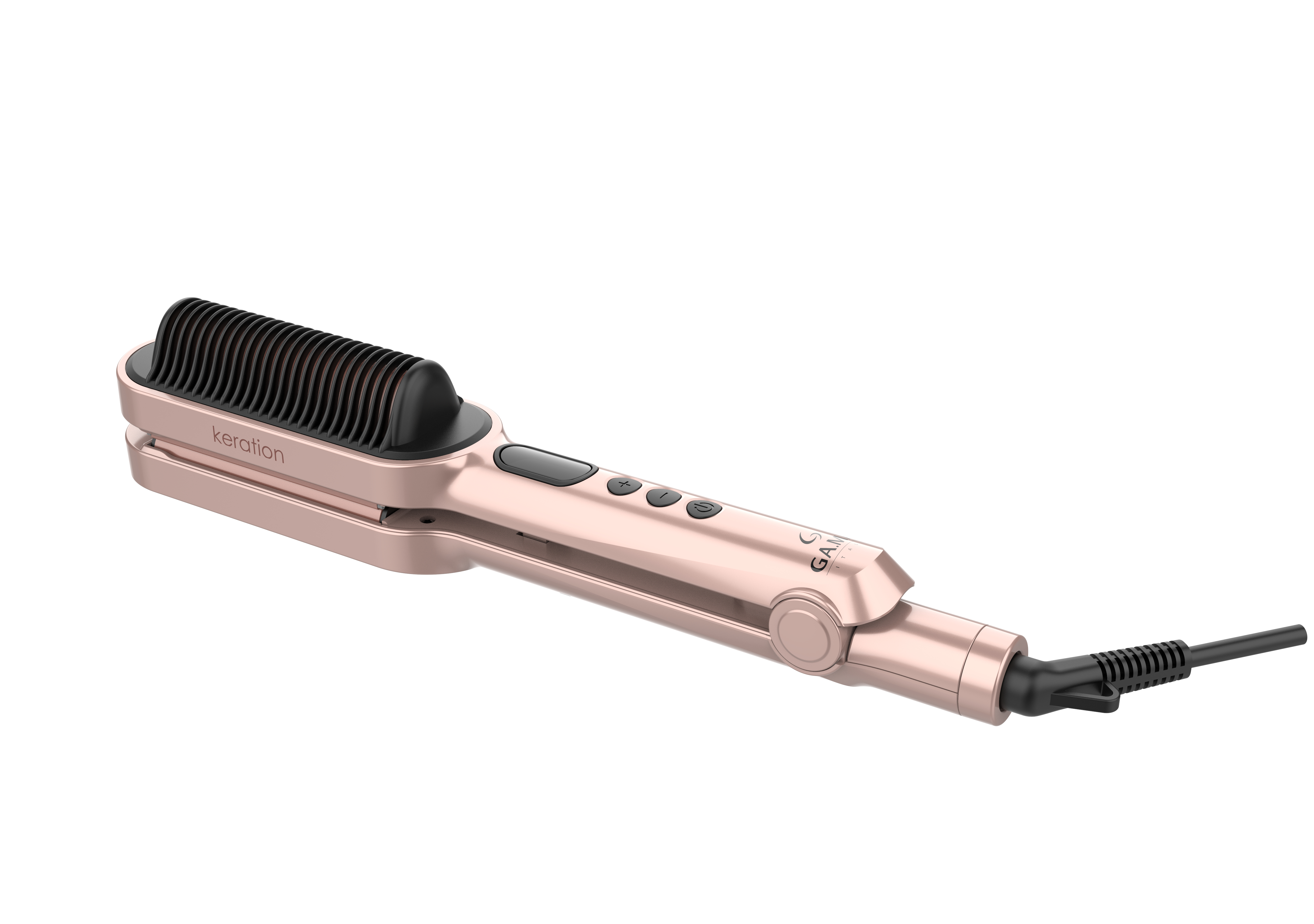Spazzola lisciante per capelli oro rosa su bianco. Setole e bottoni neri. Cavo nero. Marchio keration.