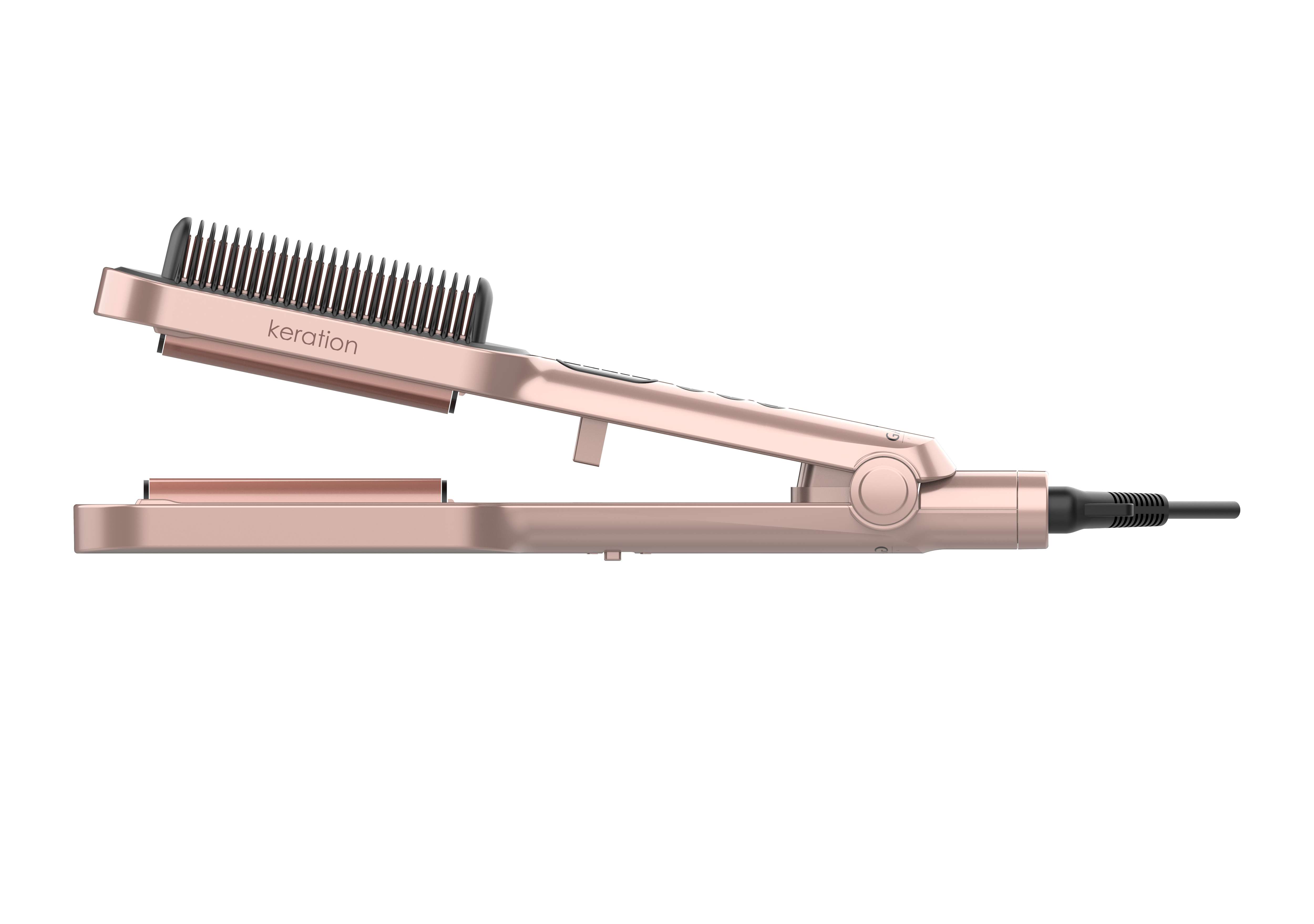 Piastra per capelli oro rosa, aperta ad angolo con spazzola. Il marchio 'keration' è visibile. Cavo nero.