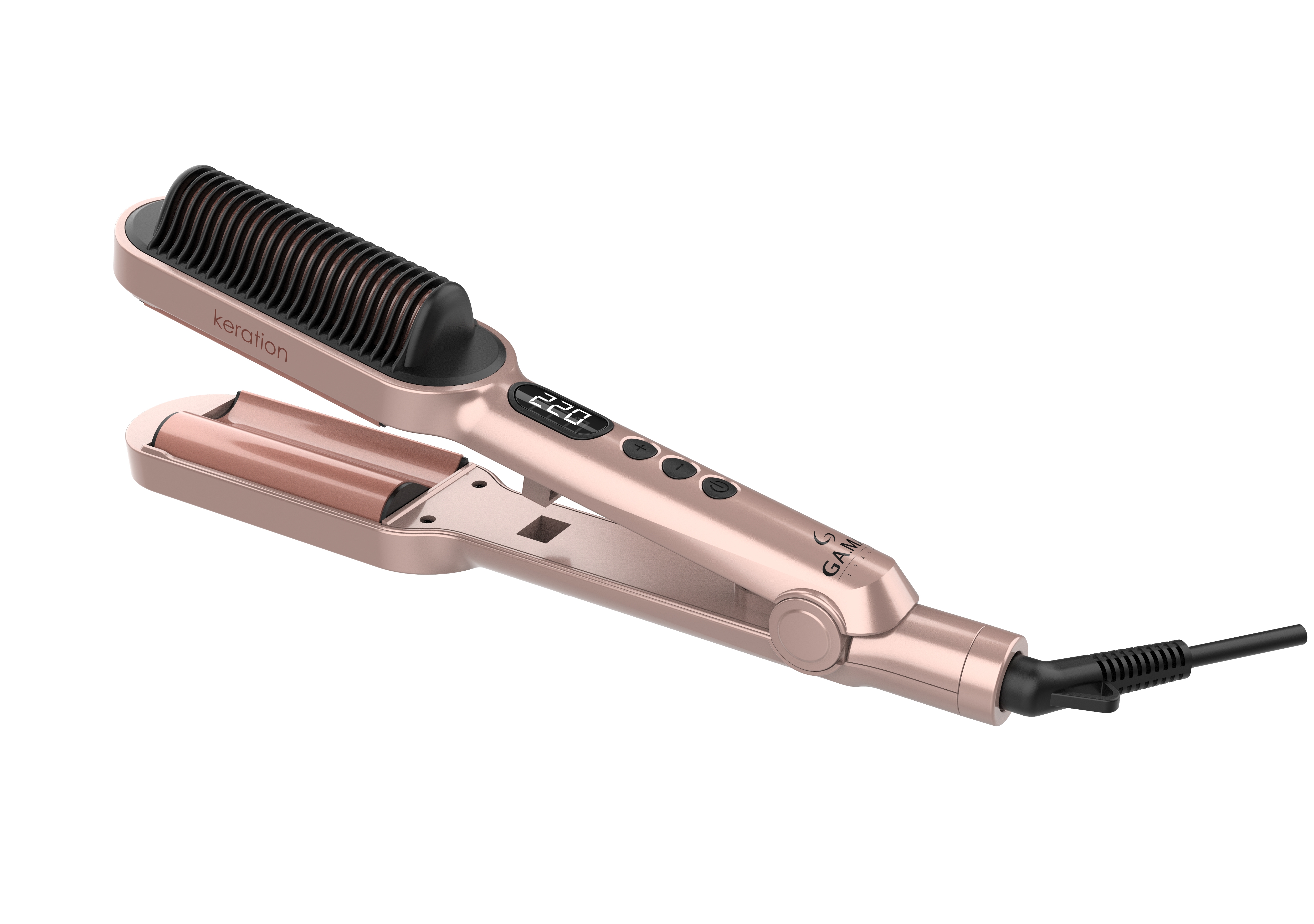 Una piastra per capelli oro rosa con pettine nero e display digitale 220. Ha un cavo nero.
