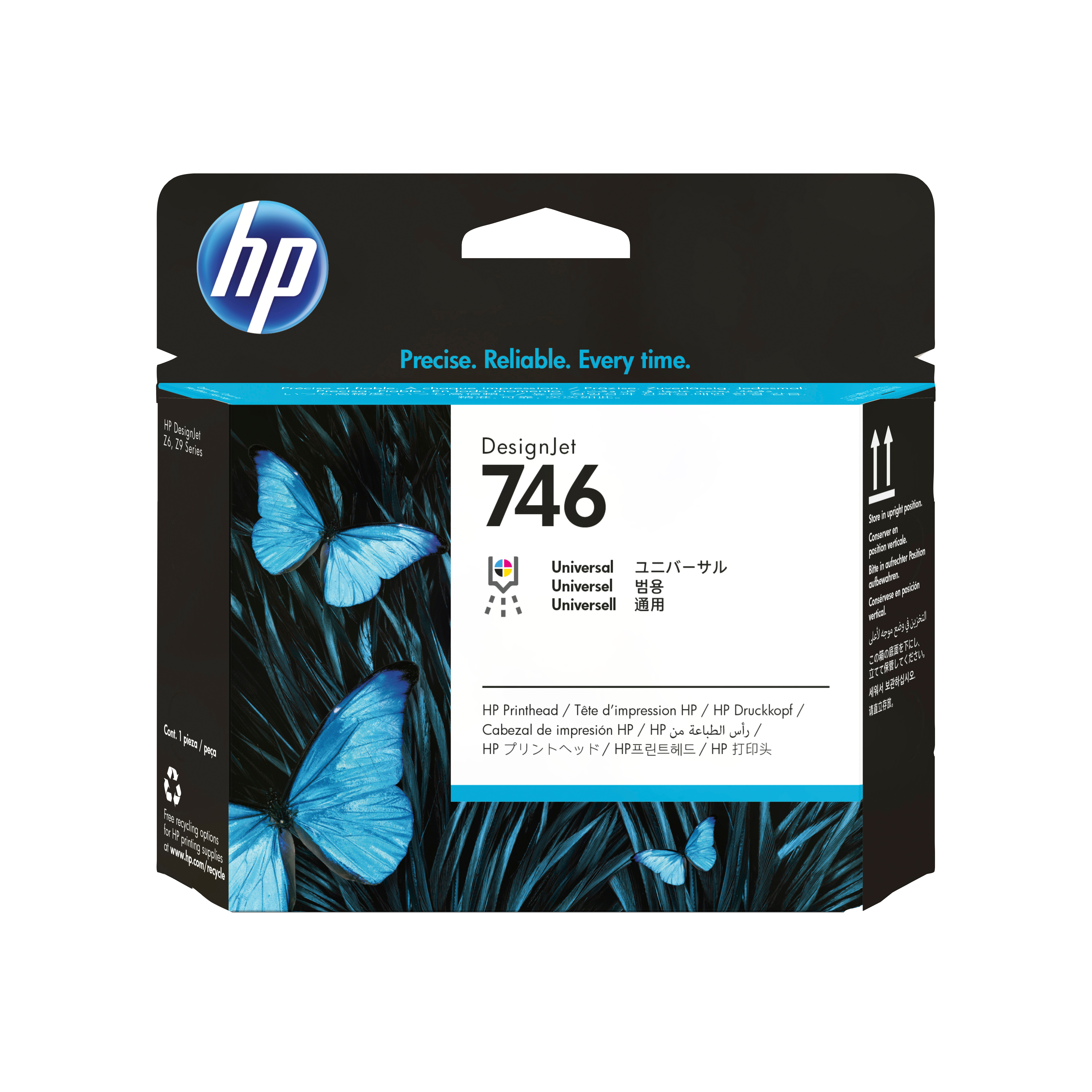 Scatola con logo HP e testo DesignJet 746. Farfalle blu su sfondo scuro.