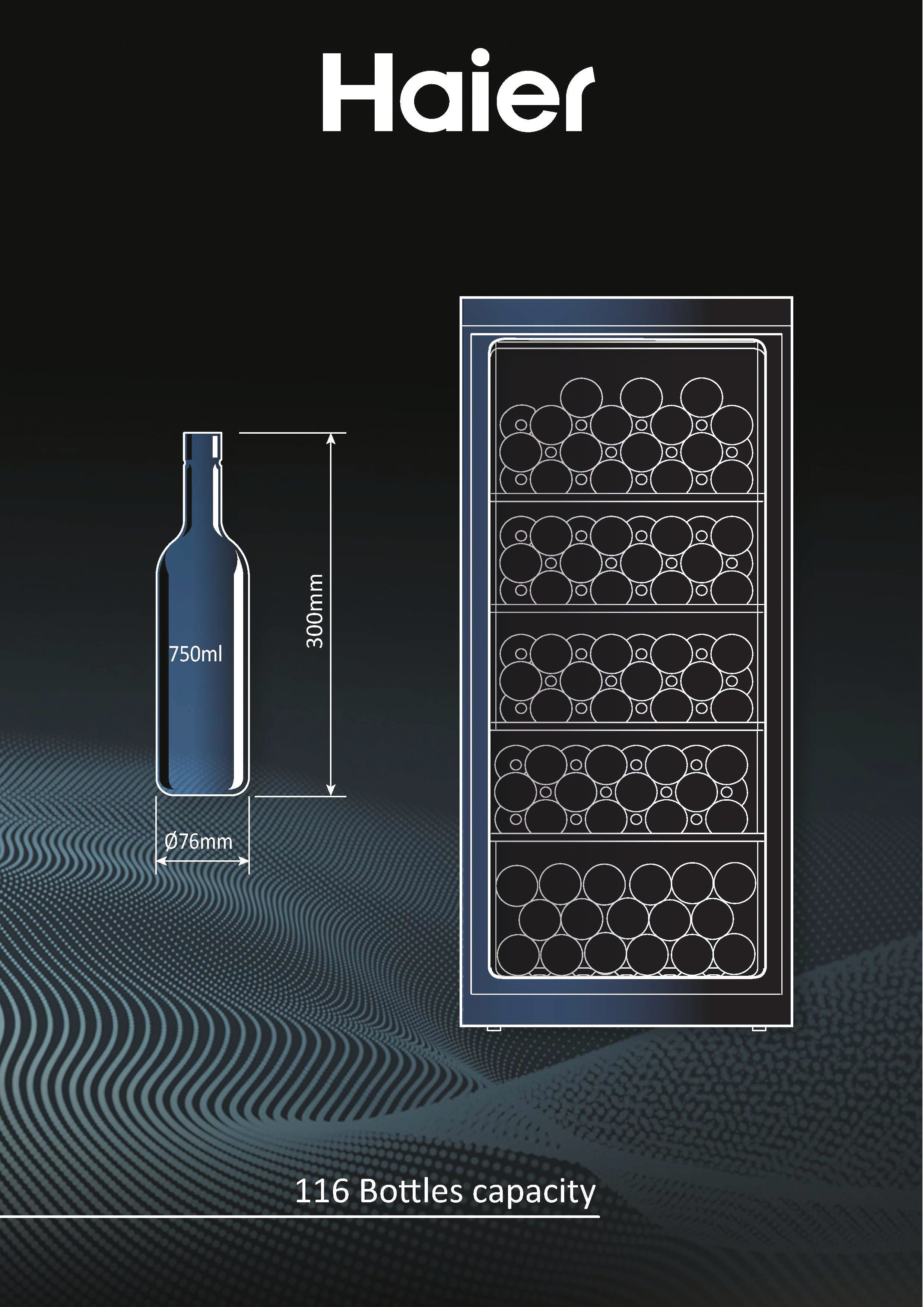 Chłodziarka do wina Haier z ilustracją butelki. Mieści 116 butelek. Wymiary pokazane.
