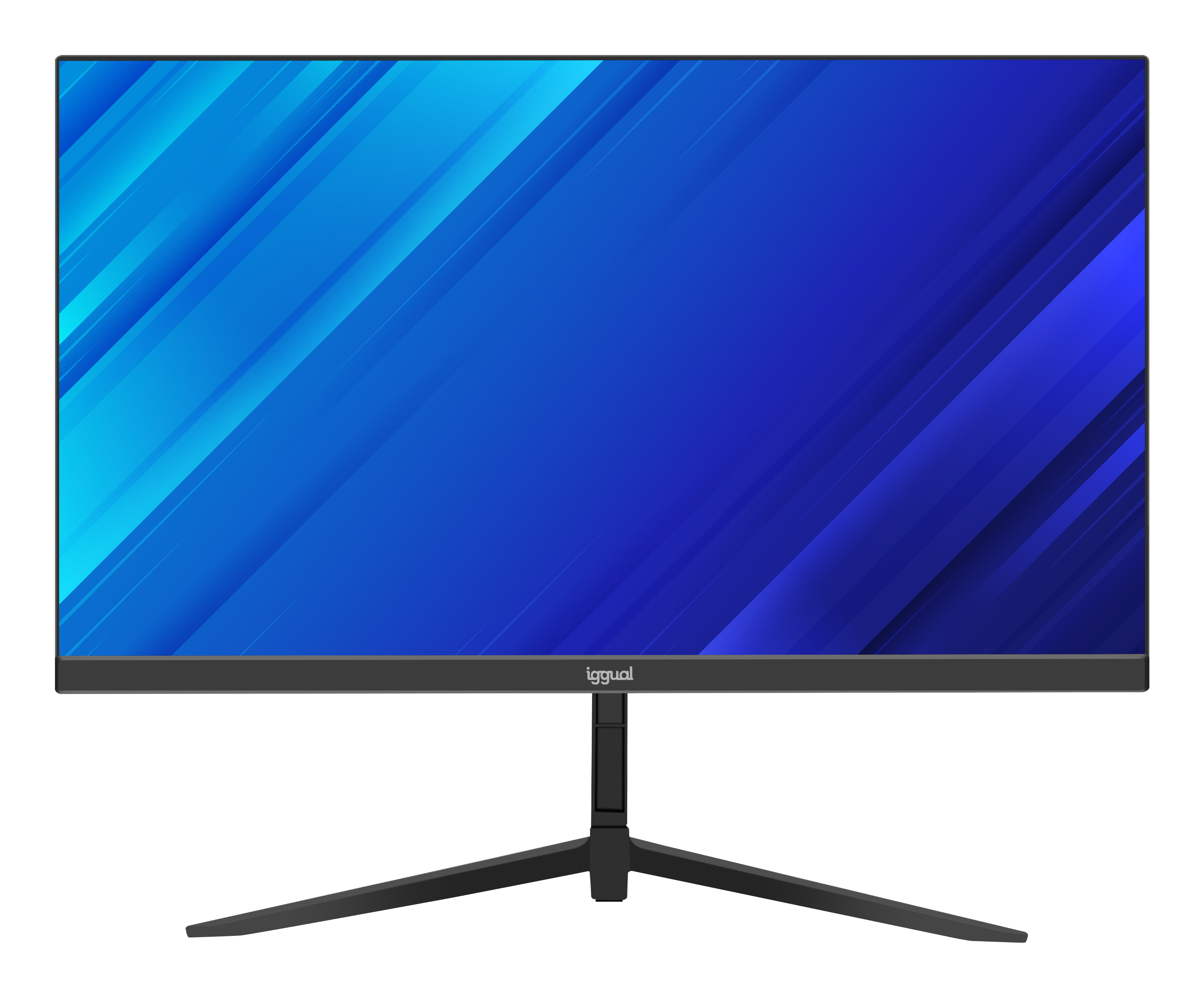 A computer monitor with a blue gradient screen. The stand and frame are black.