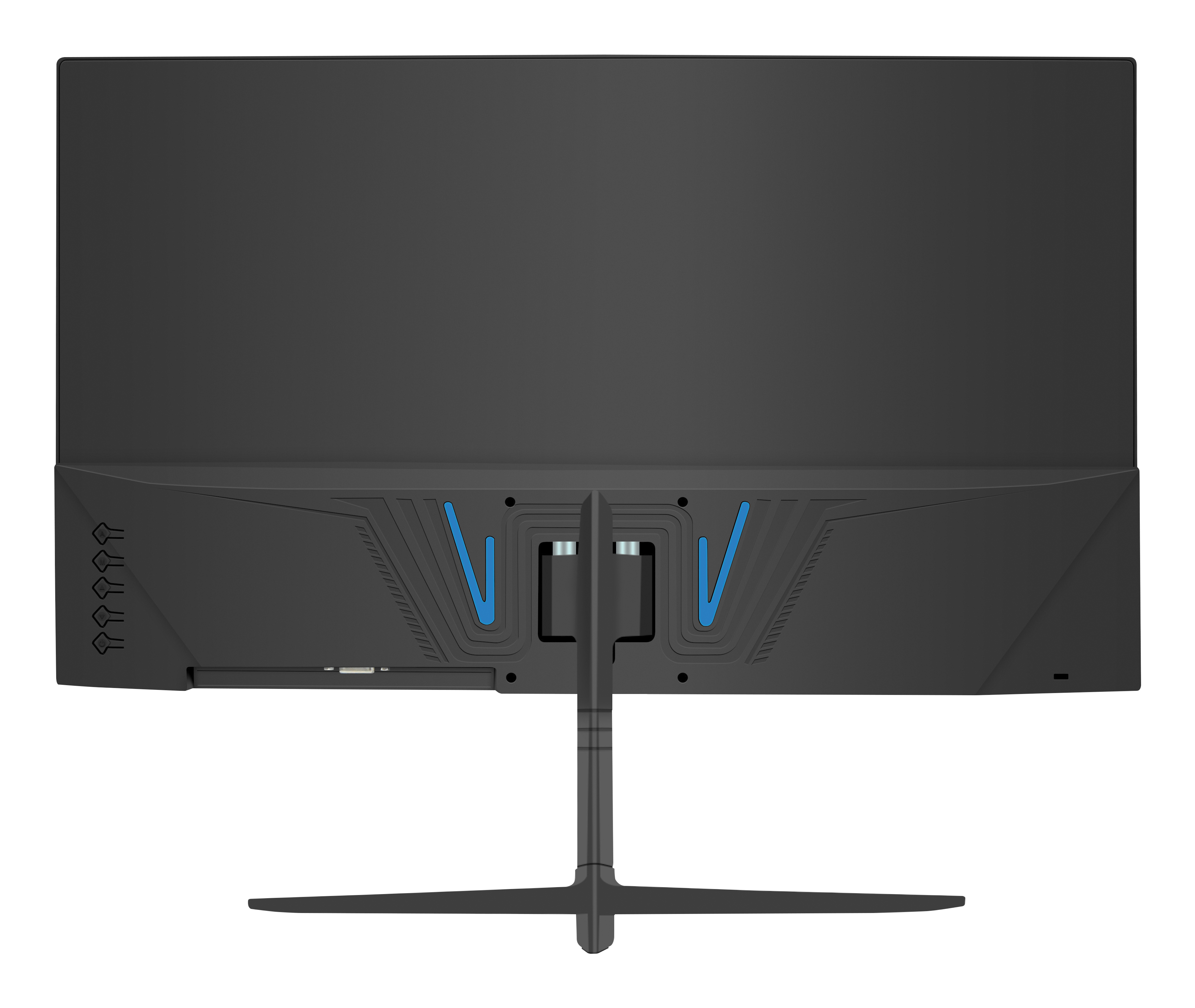 Rear view of a black monitor. Features include blue accents and a stand. Arrows are visible on the left side.