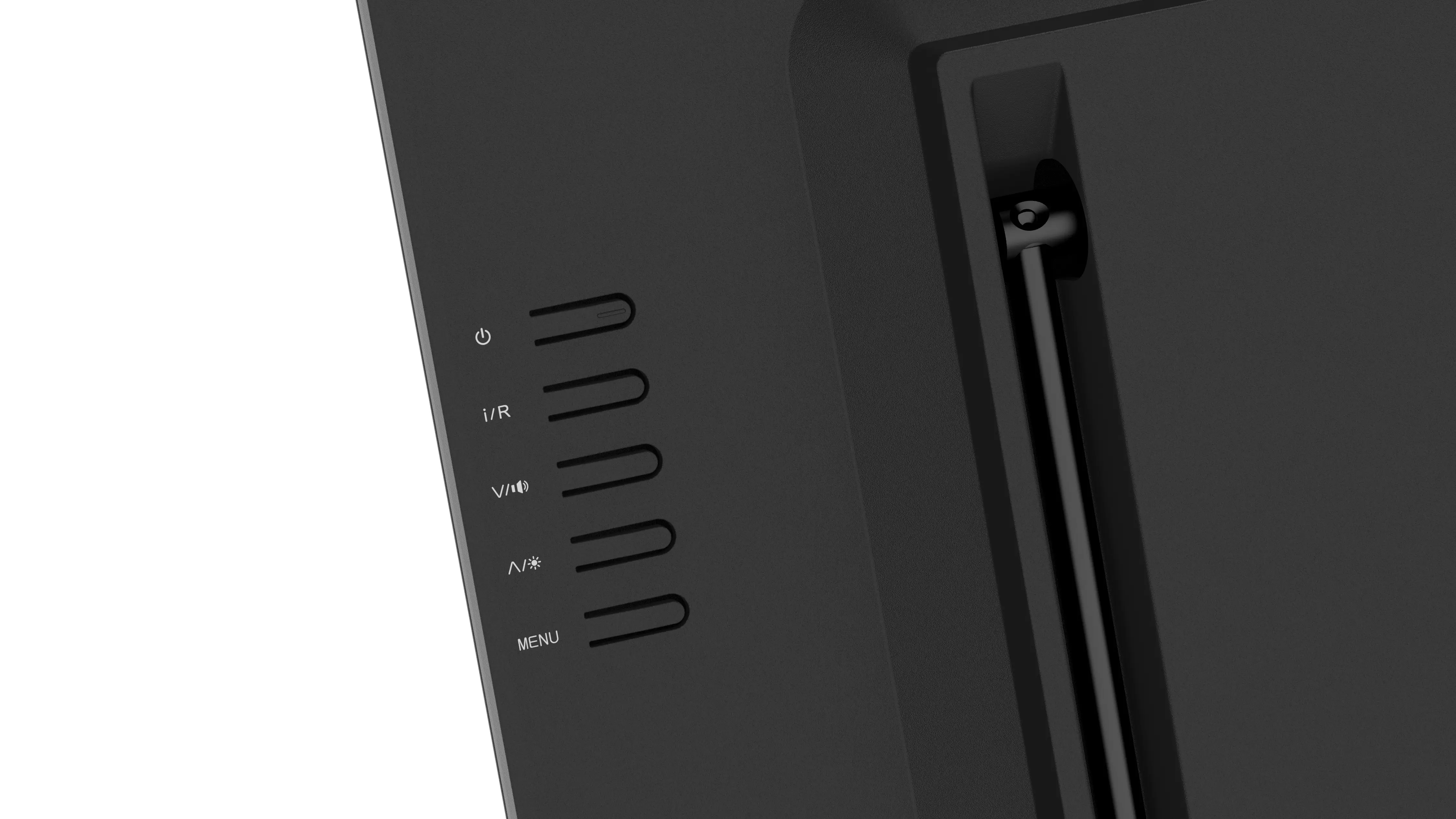 Zbliżenie czarnego monitora komputera. Widoczne są przyciski zasilania i menu oraz elementy sterujące.