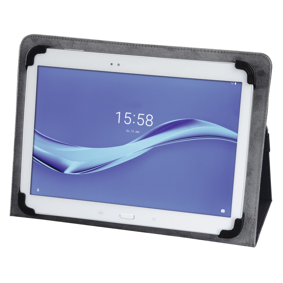Tablet in grauem Gehäuse. Der Bildschirm zeigt die Uhrzeit 15:58. Das Gehäuse hat schwarze Eckhalterungen.