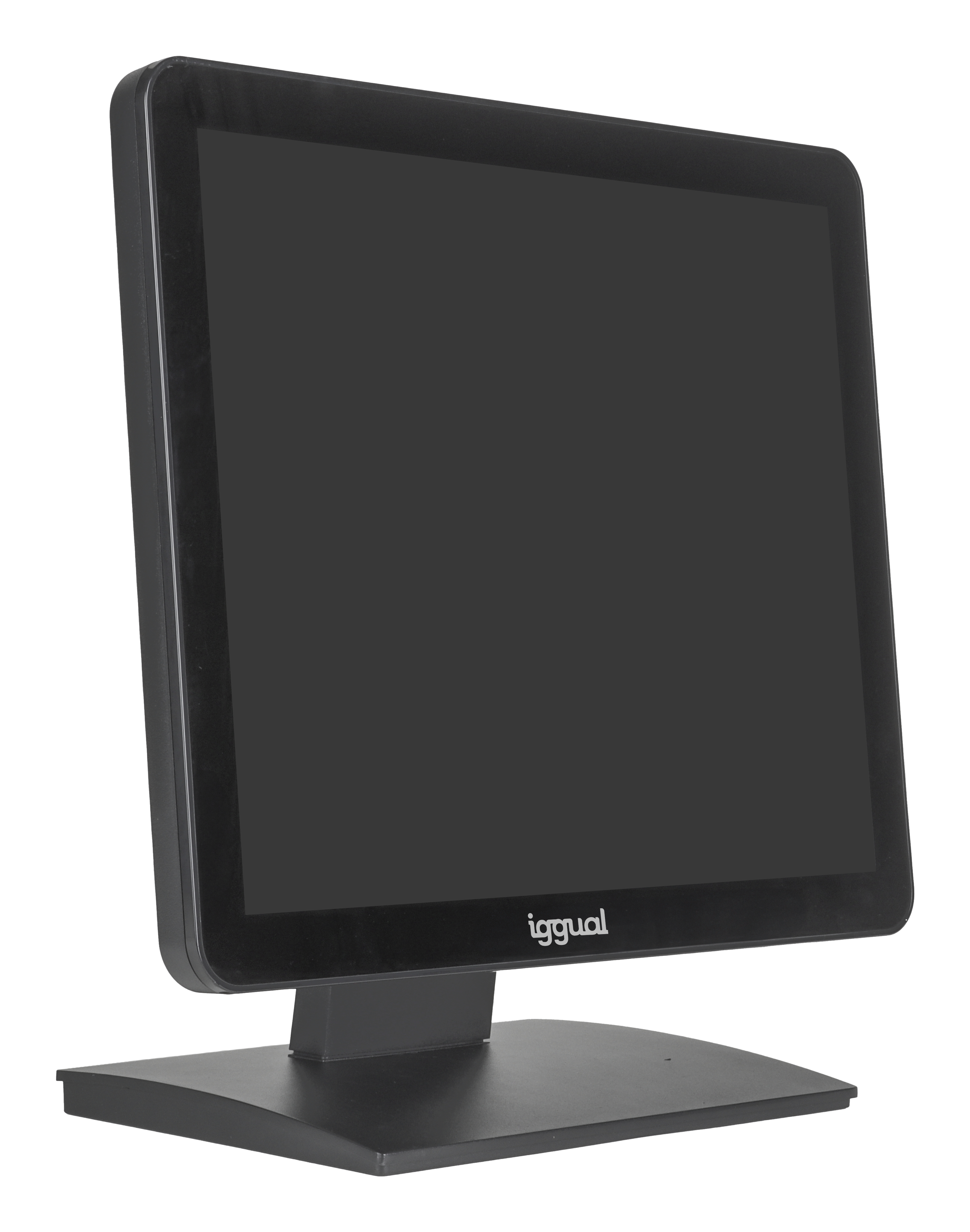 Un monitor per computer nero con supporto. Il marchio 'iggual' è visibile. Lo schermo è scuro.