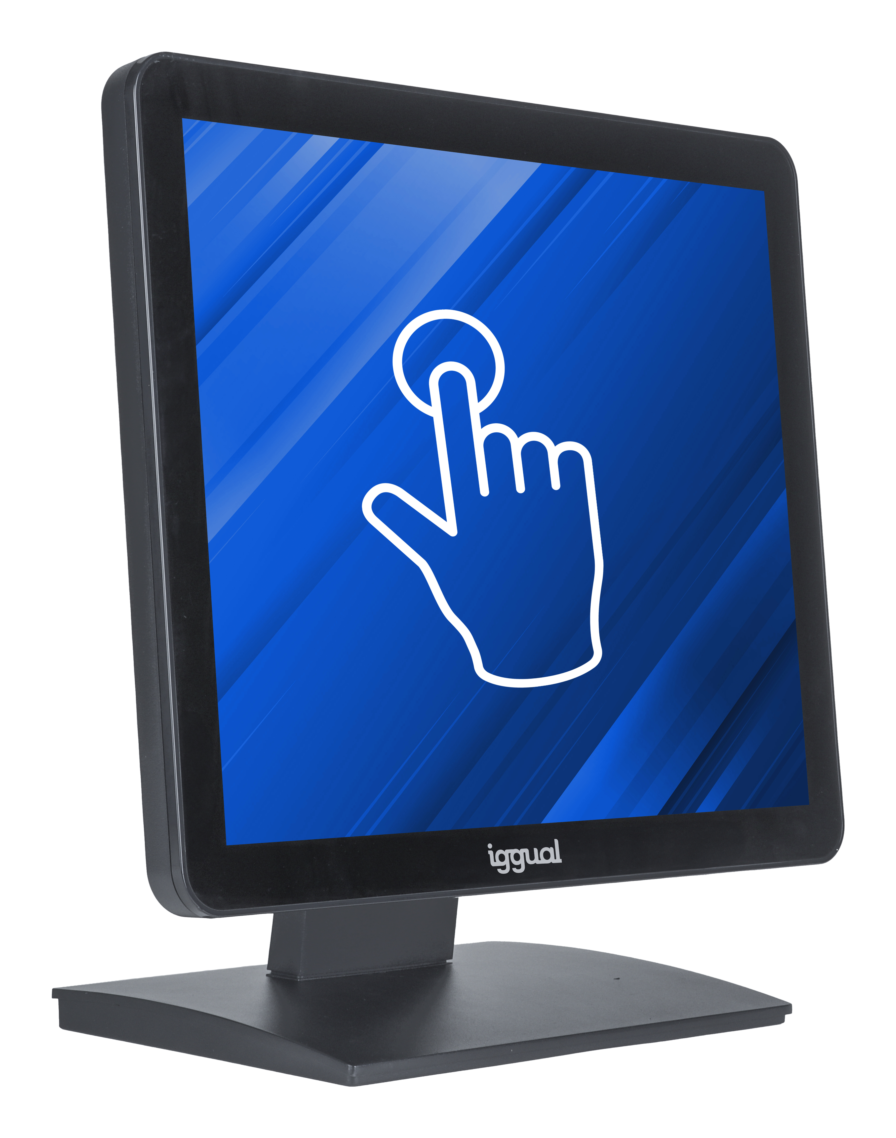 Un monitor touchscreen con icona mano bianca su sfondo blu. Il monitor è nero e si trova su un supporto nero.