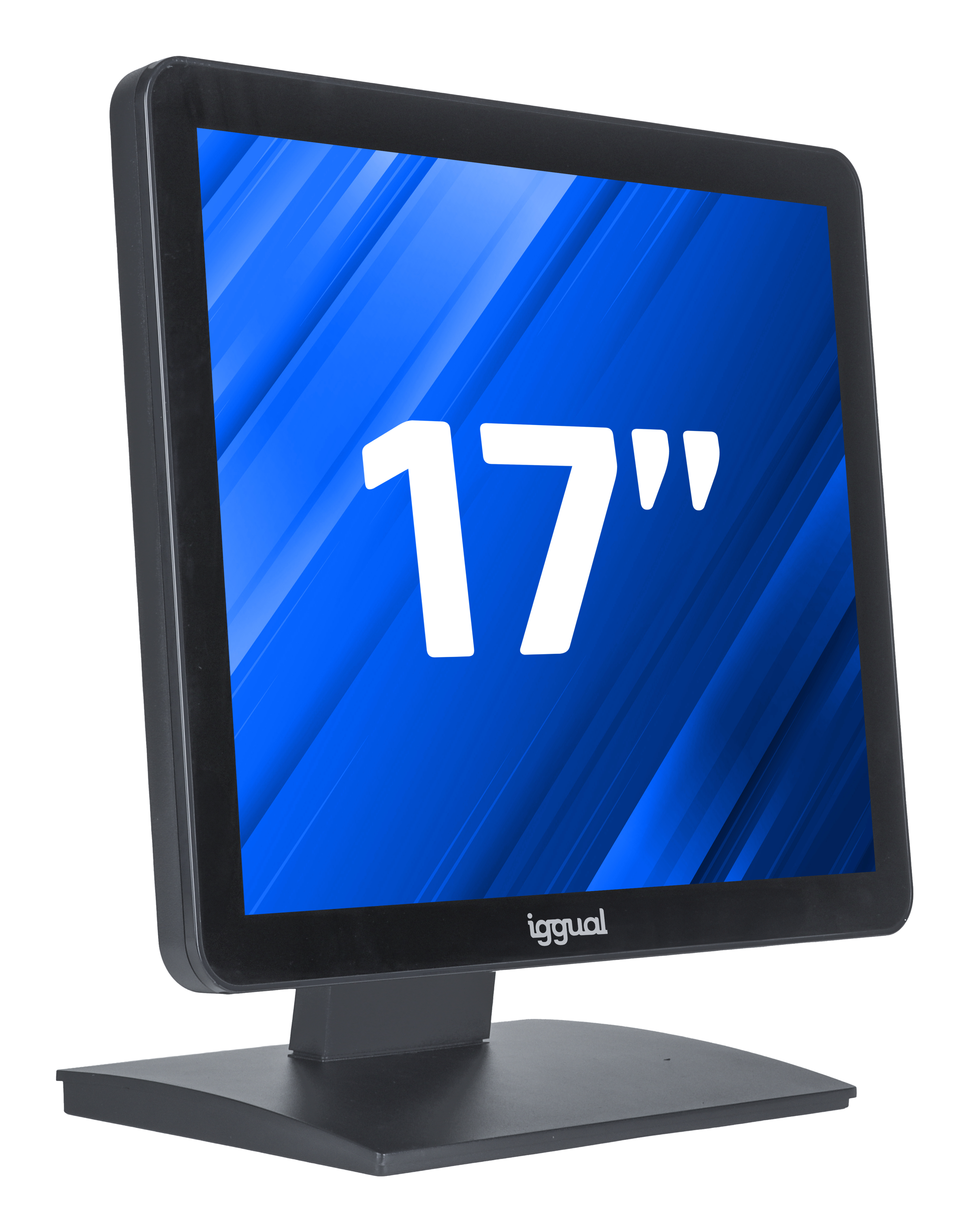 Un monitor nero da 17" con schermo blu mostra il numero 17. Il marchio "iggual" è in basso.