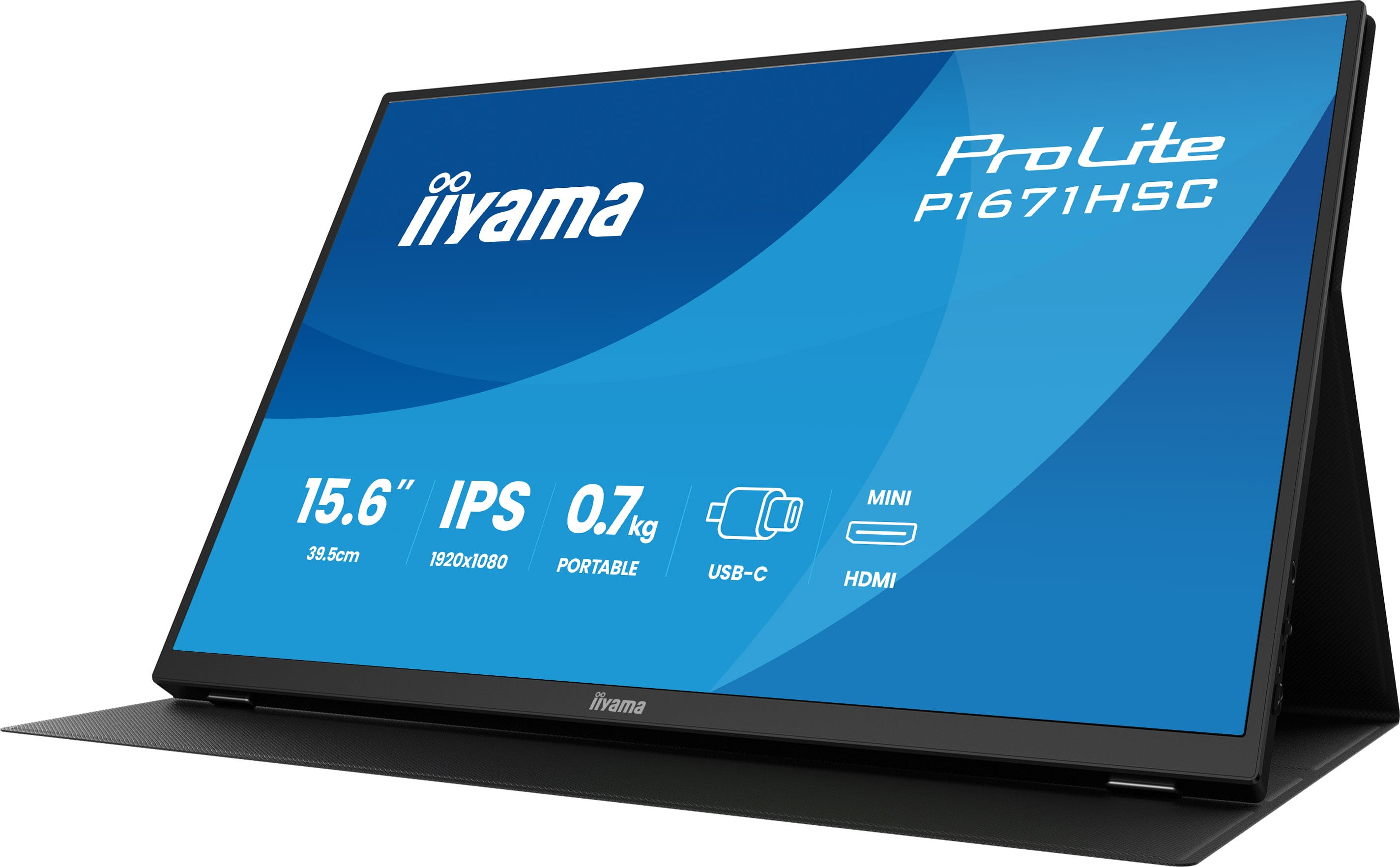 Przenośny monitor Iiyama ProLite. Jest czarny z niebieskim ekranem. Zawiera HDMI, USB-C i 15,6" IPS.