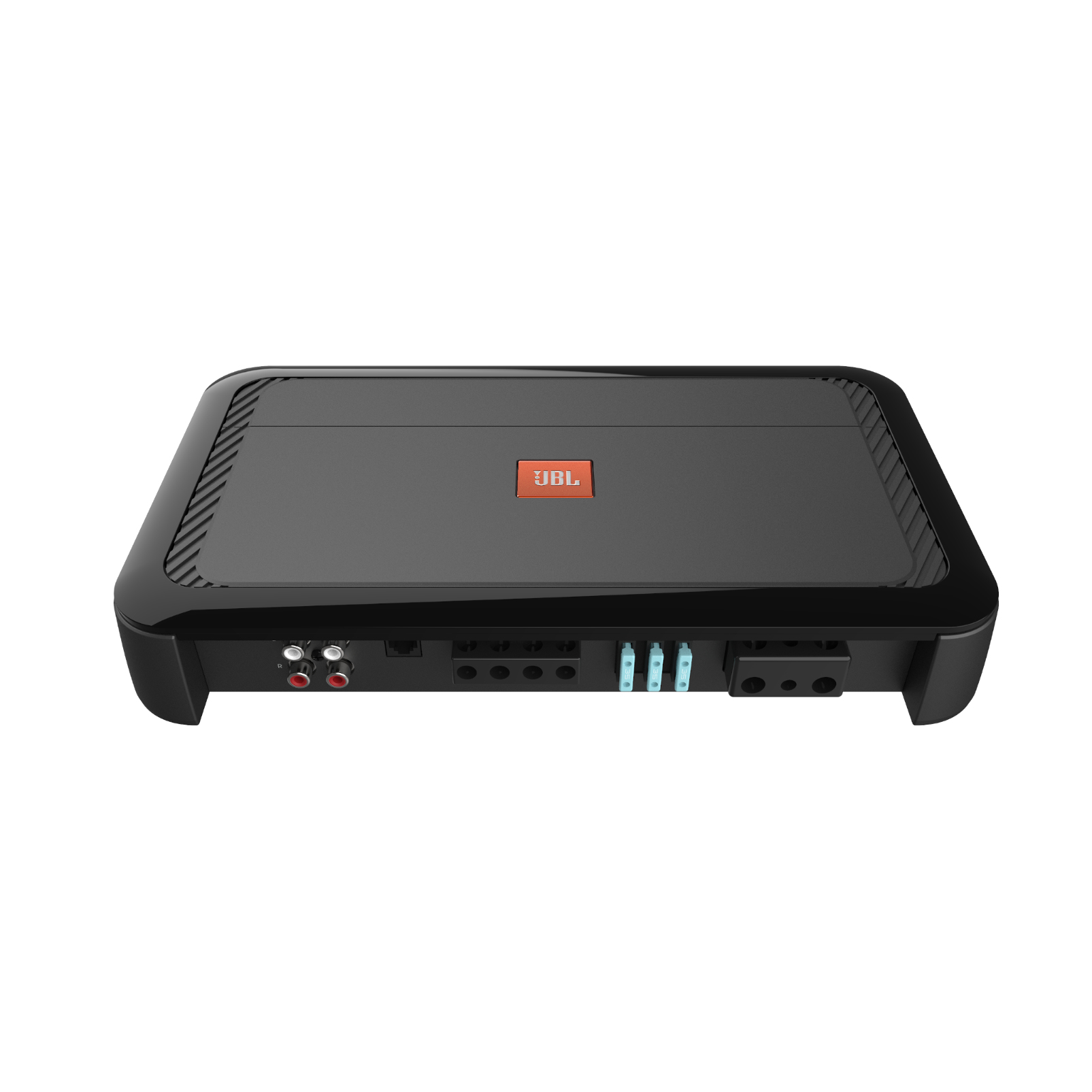 Ein schwarzer JBL-Auto-Verstärker auf weißem Hintergrund. Er hat ein orangefarbenes JBL-Logo und verschiedene Eingangsanschlüsse.