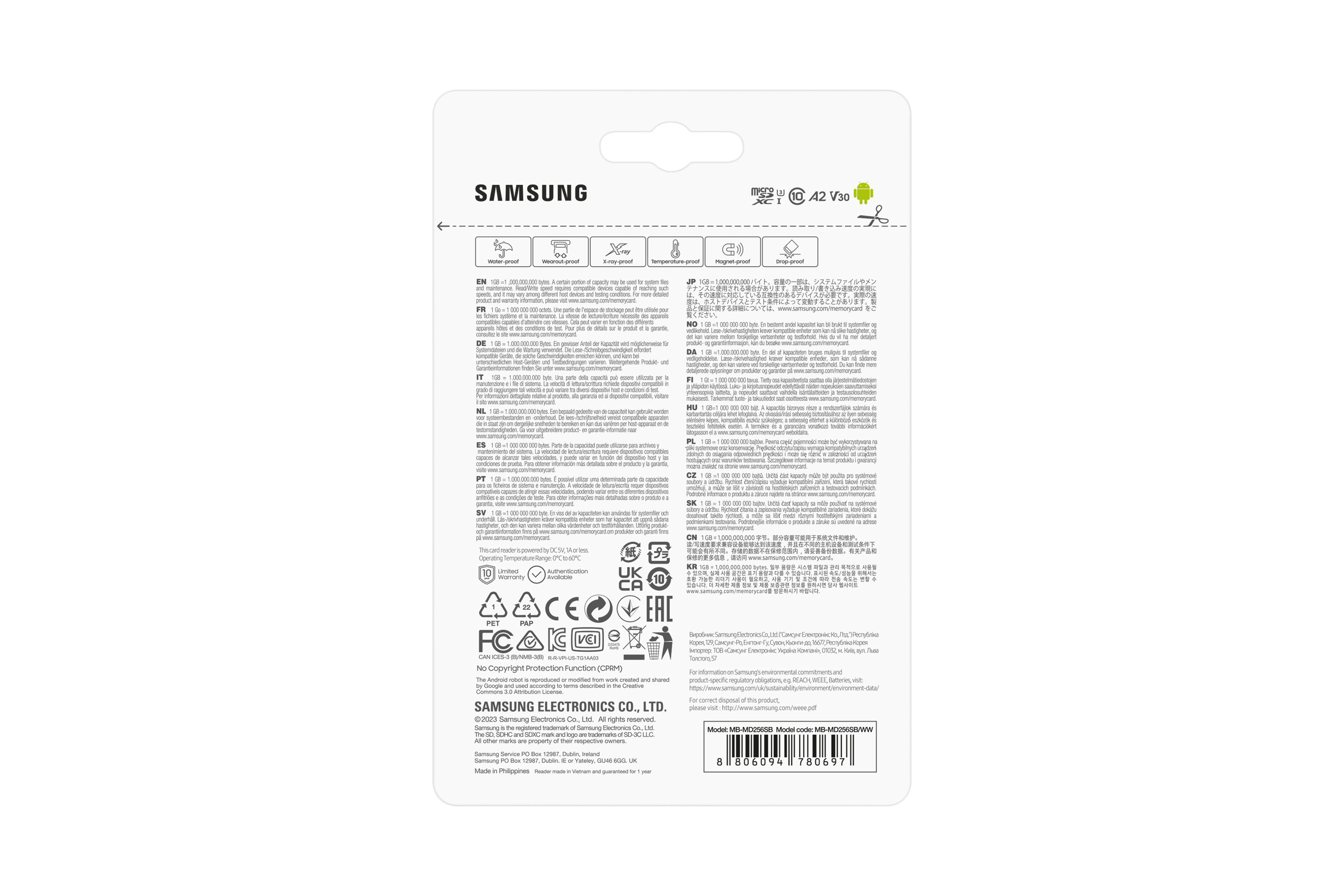Białe opakowanie produktu z logo Samsung, tekstem, ikonami i kodem kreskowym.