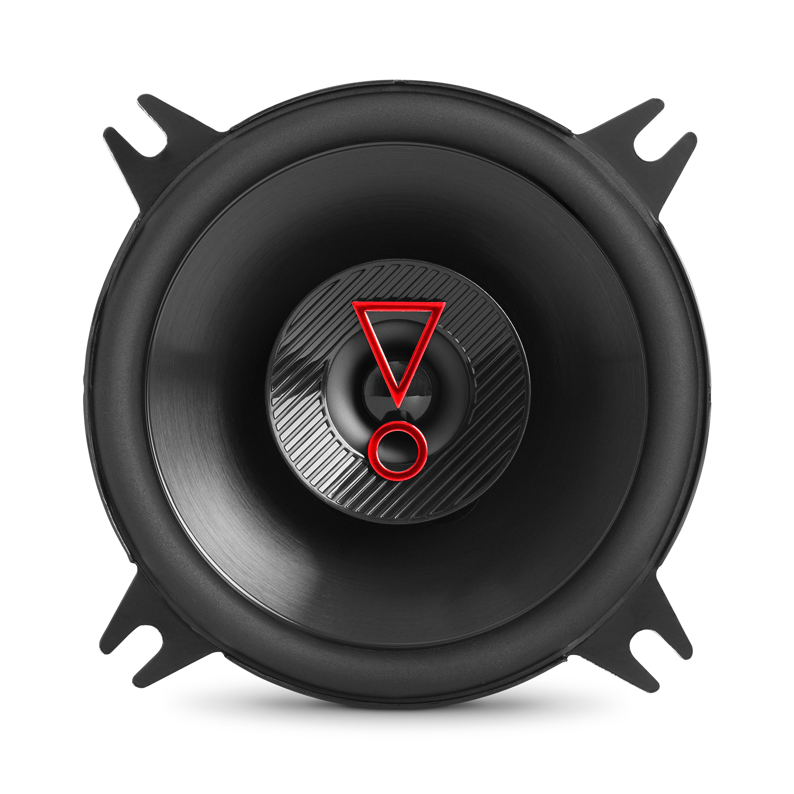 Haut-parleur de voiture noir avec un logo de point d'exclamation rouge. Il possède quatre pattes de fixation et un cône central.
