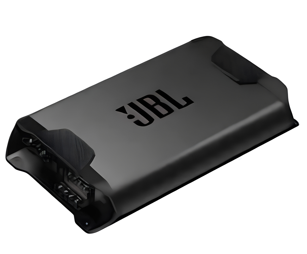 Ein schwarzer JBL-Verstärker mit dem JBL-Logo oben. Er hat eine rechteckige Form mit abgerundeten Ecken.