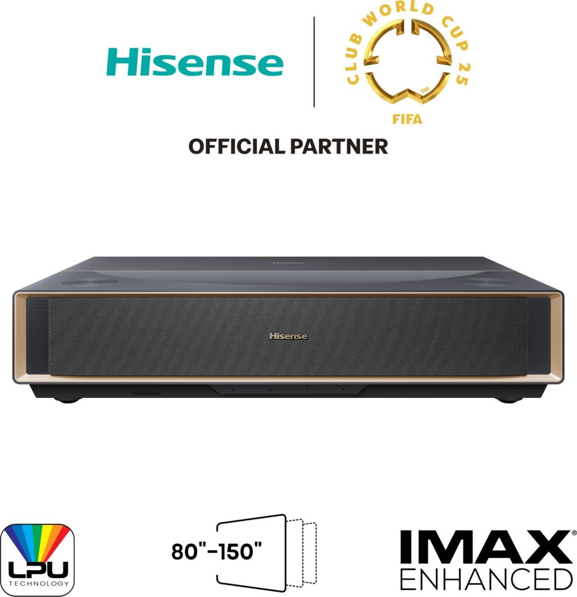 Projecteur Hisense avec marque et logos. Comprend IMAX Enhanced et la technologie LPU. La taille de l'écran varie de 80"-150".