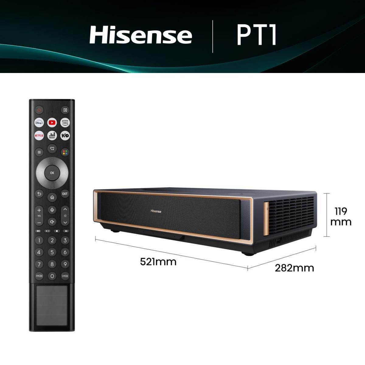 Un projecteur Hisense PT1 et sa télécommande sont présentés. Le projecteur est noir avec des bordures dorées. Les dimensions sont affichées.