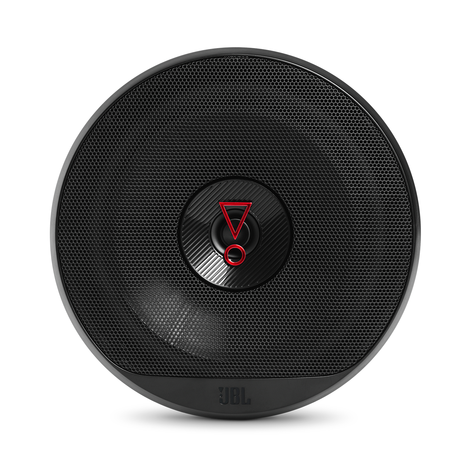 Un haut-parleur JBL noir avec une façade en mesh. Il a un logo rouge et une commande centrale. Le fond est blanc.