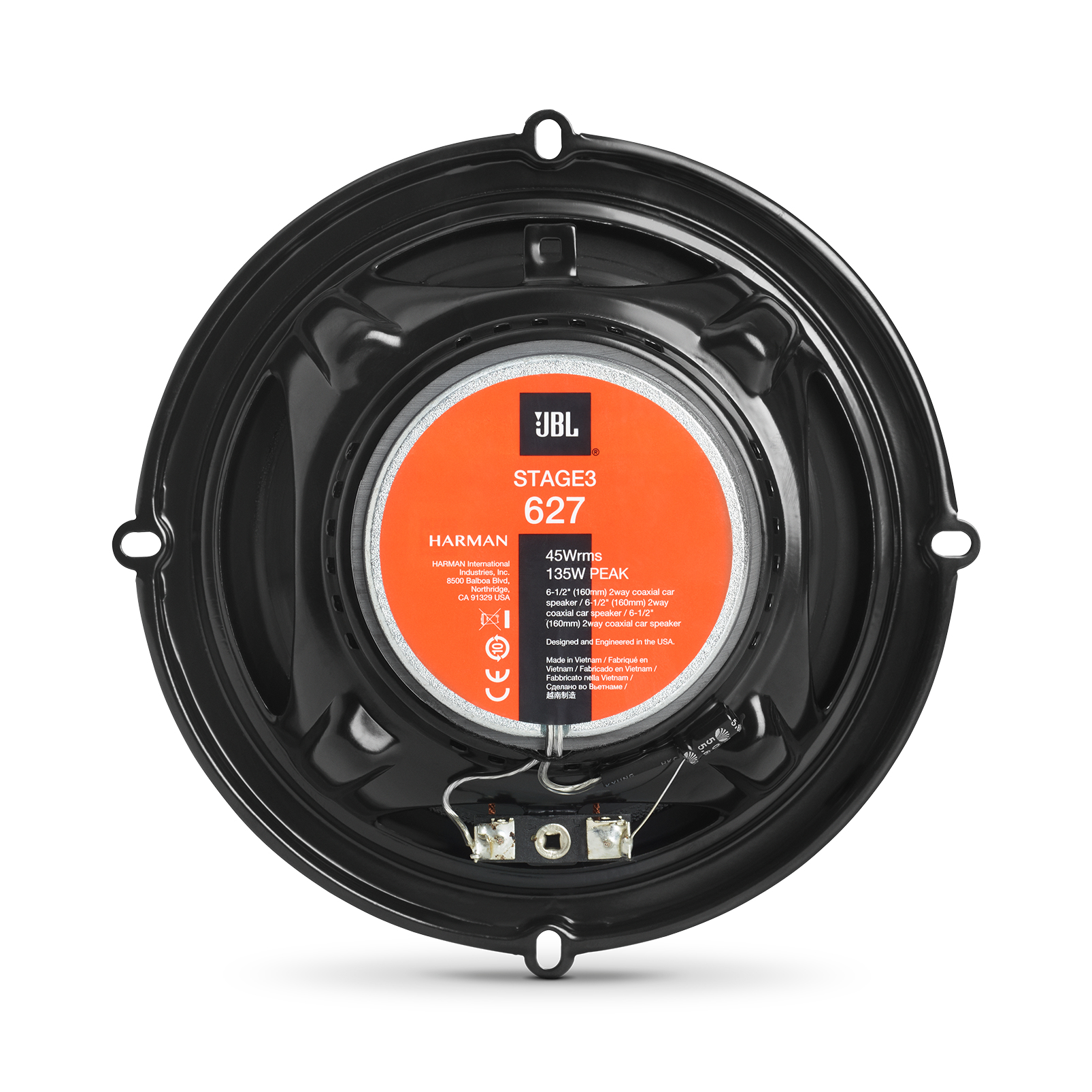 Un haut-parleur de voiture JBL Stage 3 627, cadre noir avec centre orange, texte blanc et câblage.