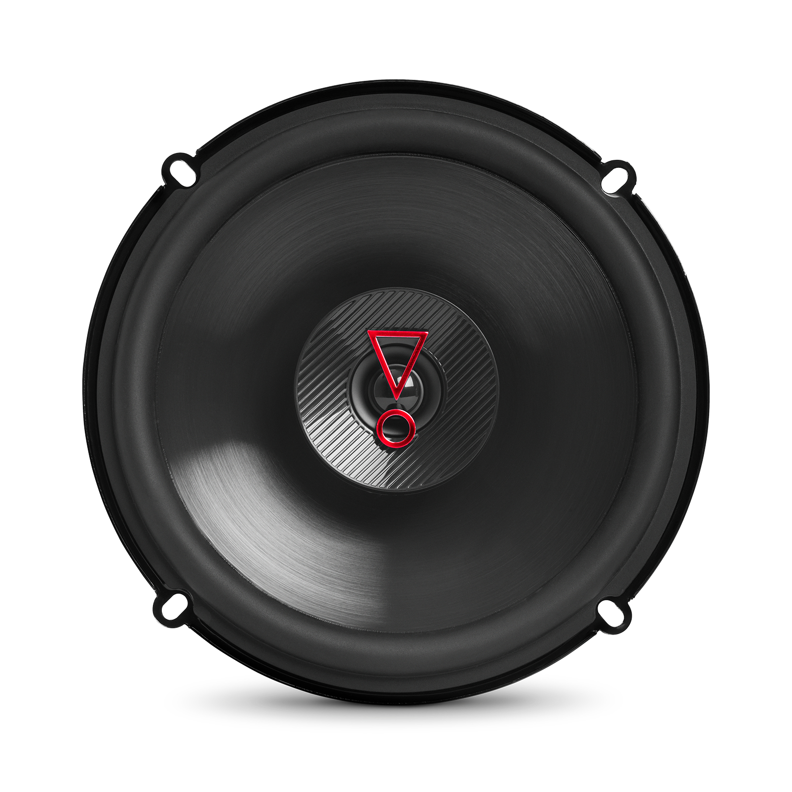 Haut-parleur noir avec logo rouge sur fond blanc. Le haut-parleur est rond avec des trous de montage.