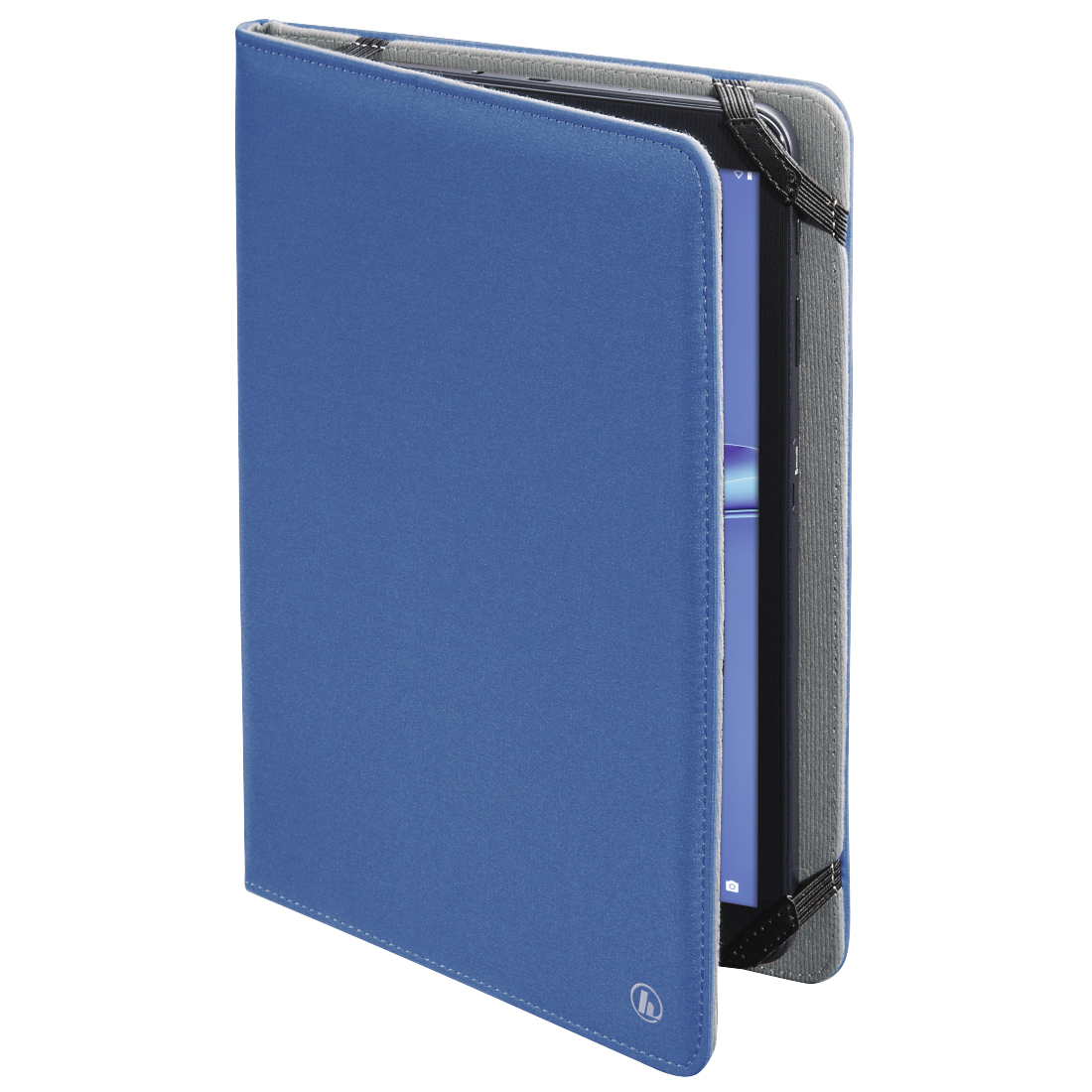 Blaue Tablet-Hülle mit Tablet. Die Hülle ist offen und zeigt den Bildschirm. Schwarze Gurte halten das Tablet fest.