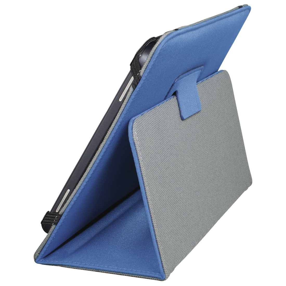 Ein Tablet in einer blau-grauen Hülle. Die Hülle ist geöffnet und angewinkelt, mit einem schwarzen Gummiband, das das Tablet hält.