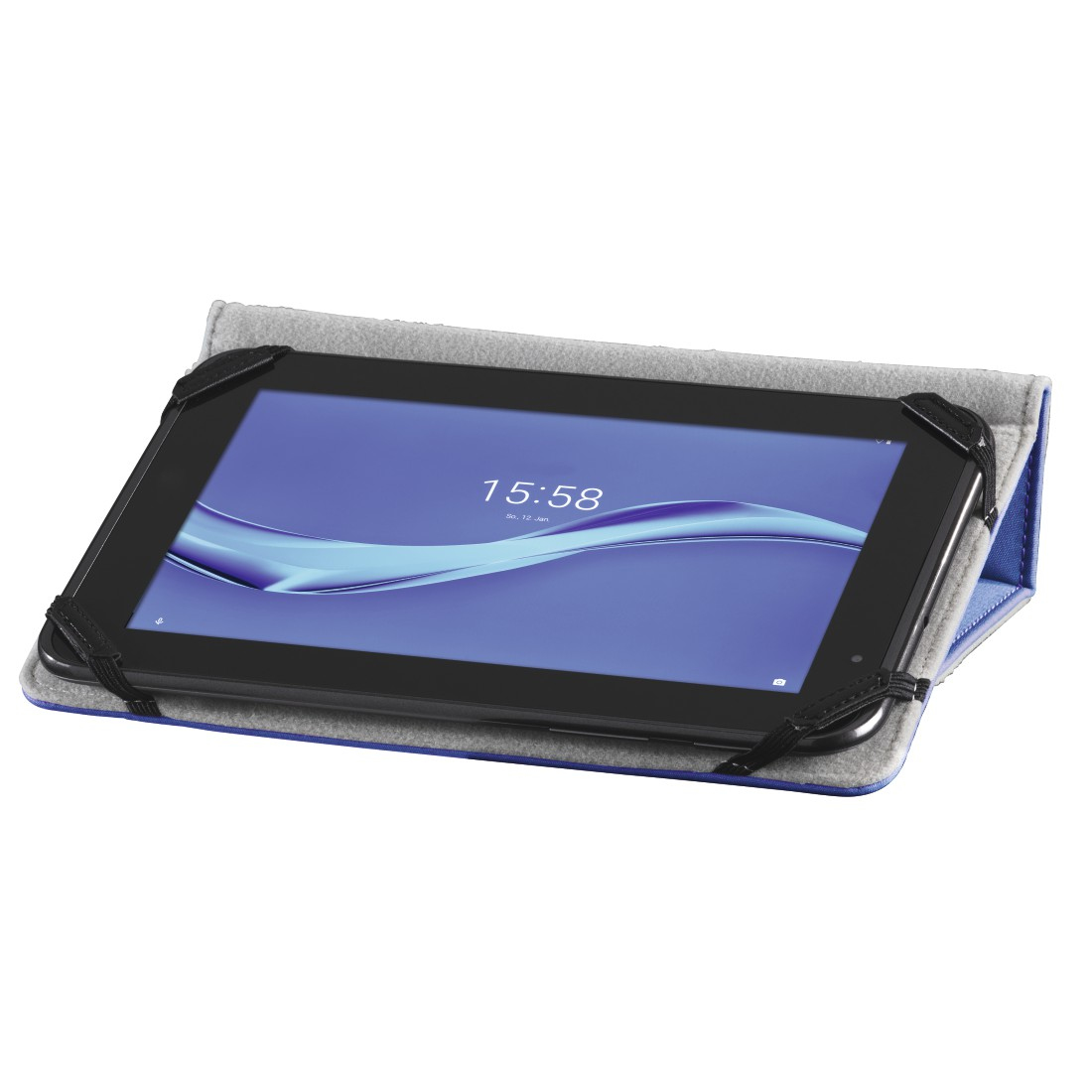 Ein Tablet in einer Schutzhülle, das die Uhrzeit 15:58 anzeigt. Die Hülle ist grau, blau und schwarz.