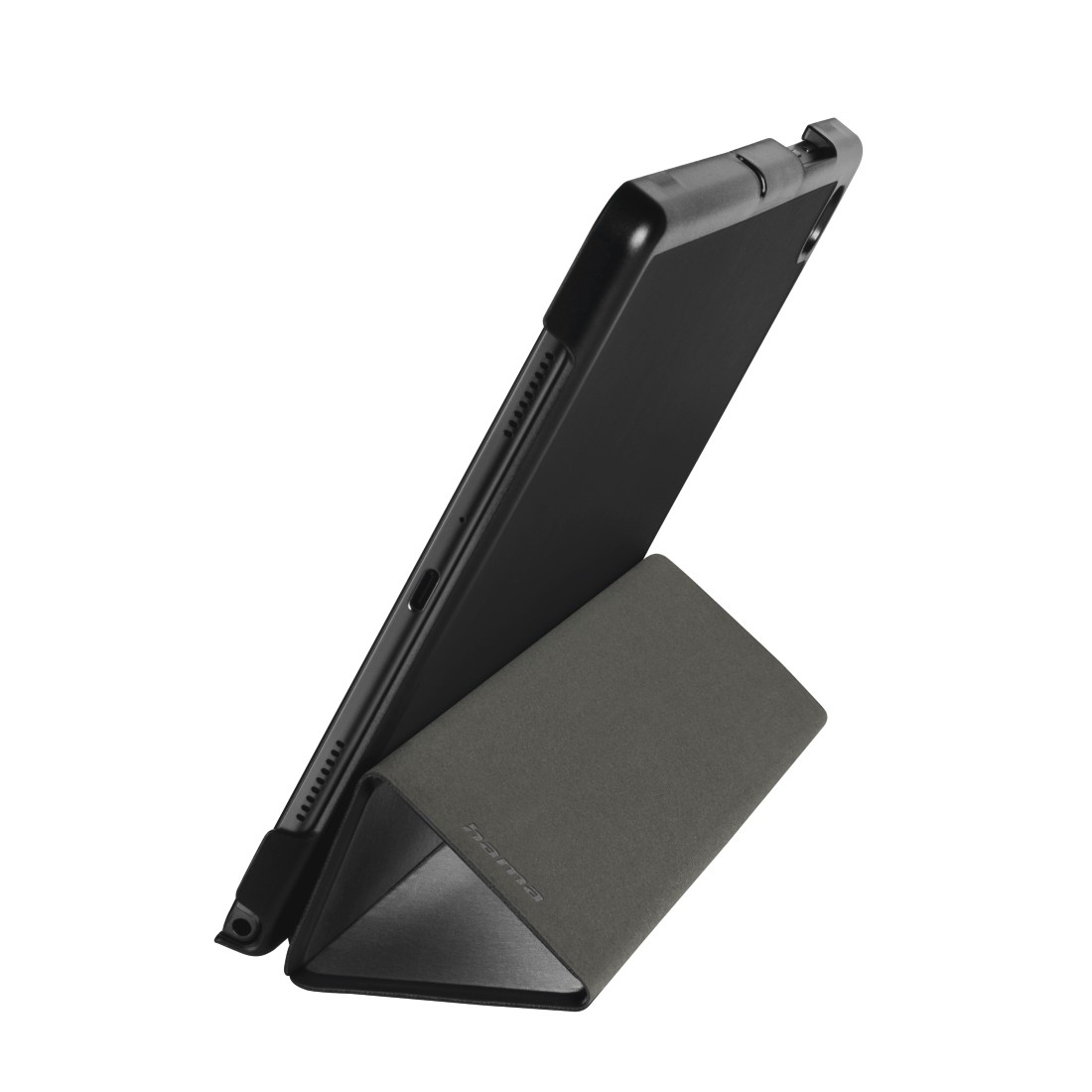 Ein schwarzes Tablet in einer grauen Hülle, schräg aufgestellt. Die Hülle ist dreieckig, mit sichtbarem Markennamen.