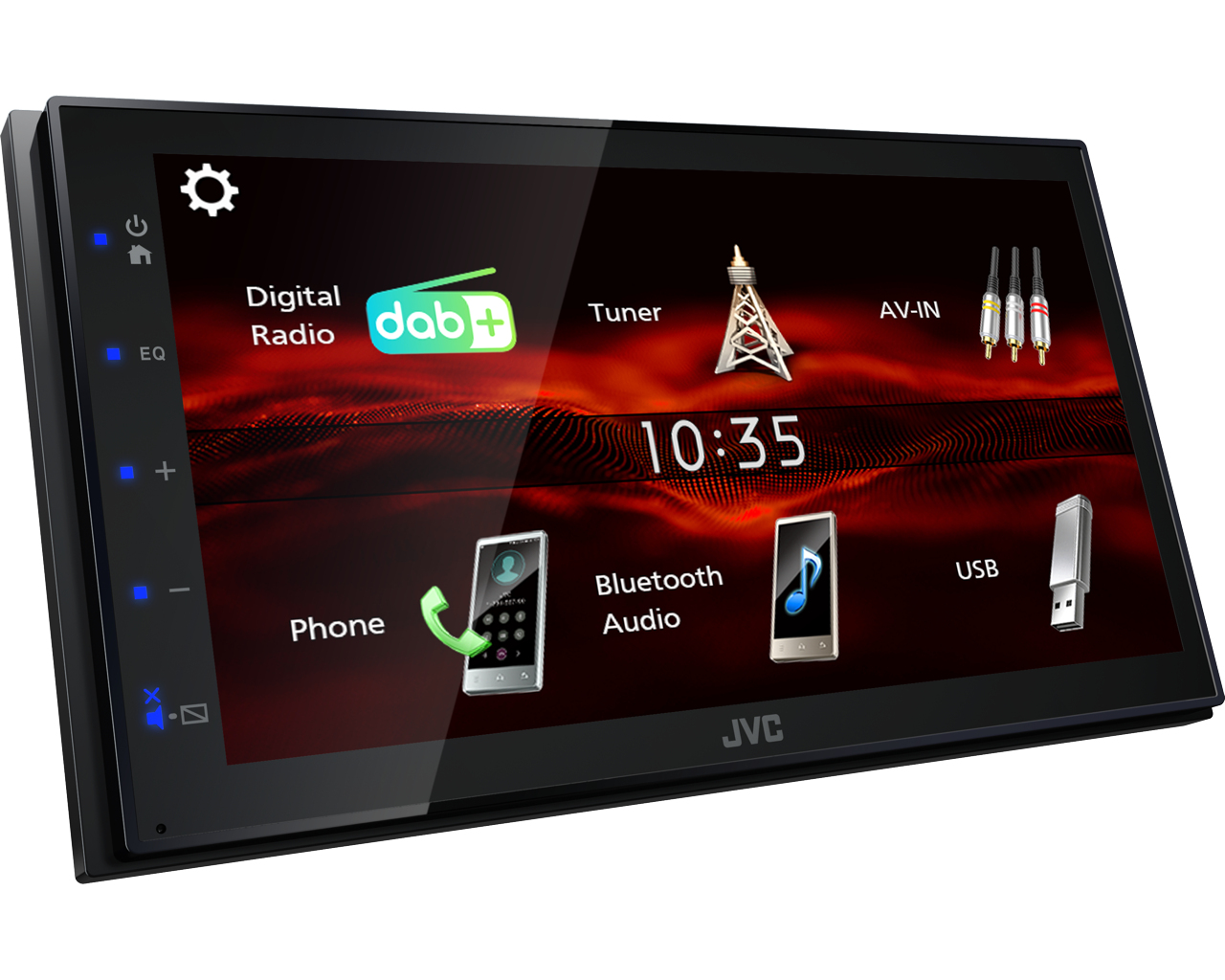 Ein Autoradio-Bildschirm zeigt Optionen wie Digitalradio, Bluetooth und USB. Es zeigt die Uhrzeit 10:35 an. Die Marke ist JVC.