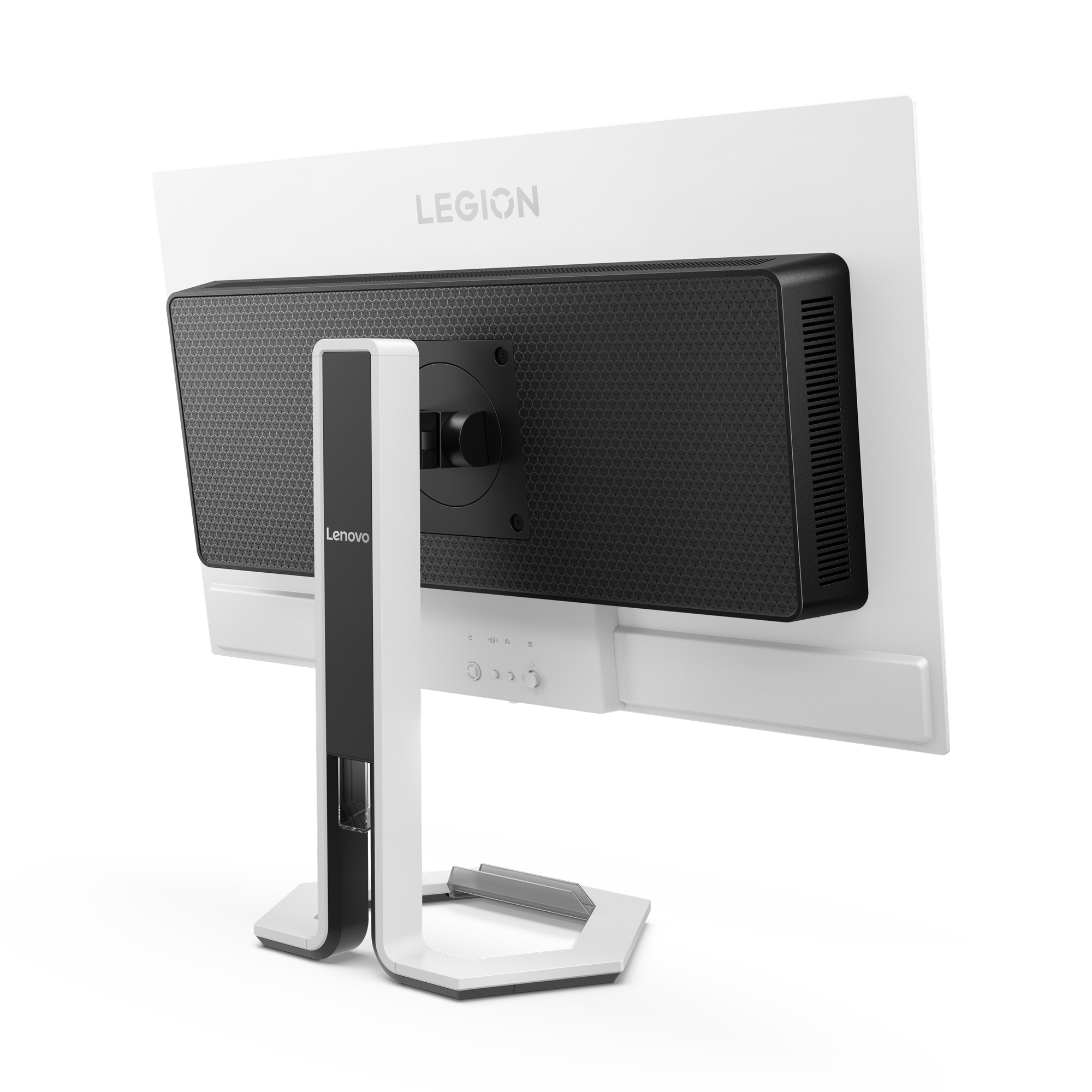 Widok z tyłu białego monitora Lenovo Legion. Ma czarny tył i podstawę. Widoczne jest logo Legion.