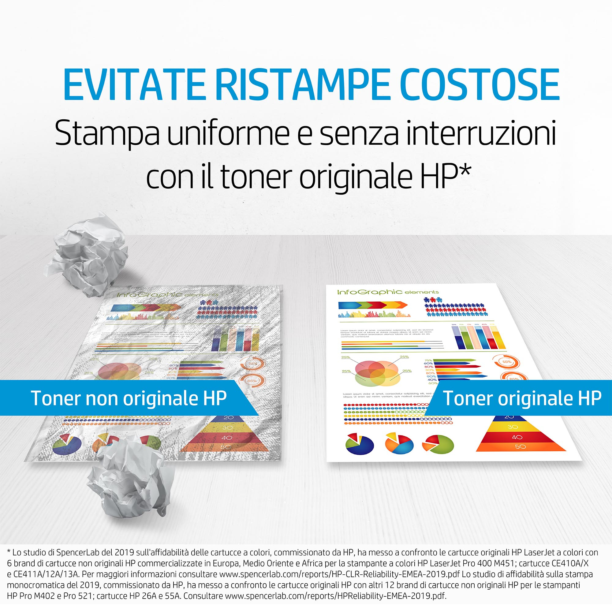 Das Bild zeigt einen Vergleich der Tonerqualität mit Diagrammen und zerknitterten Papieren. Texte auf Italienisch.