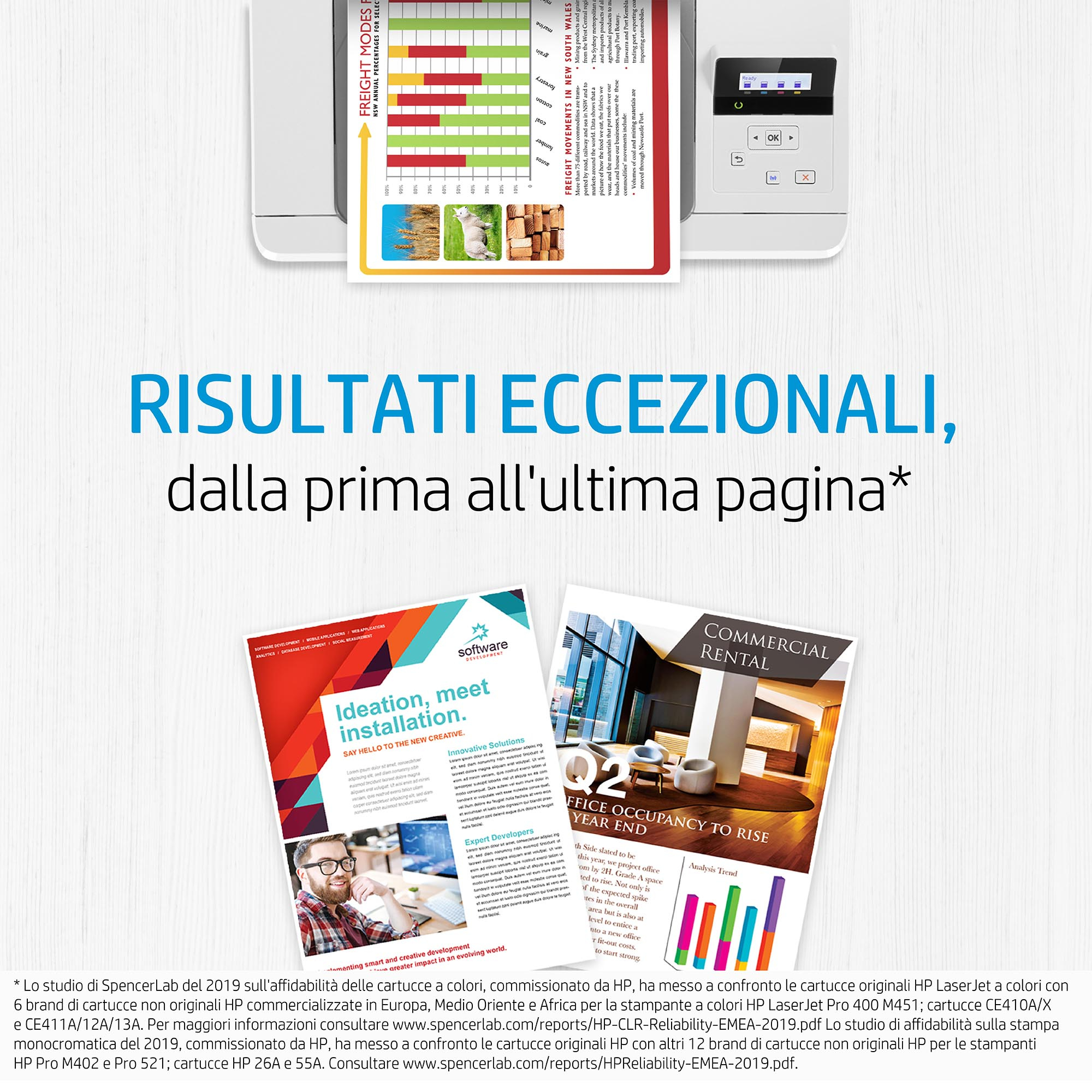 Drucker mit Papier mit Diagrammen und Text. Text sagt 'Außergewöhnliche Ergebnisse' auf Italienisch.