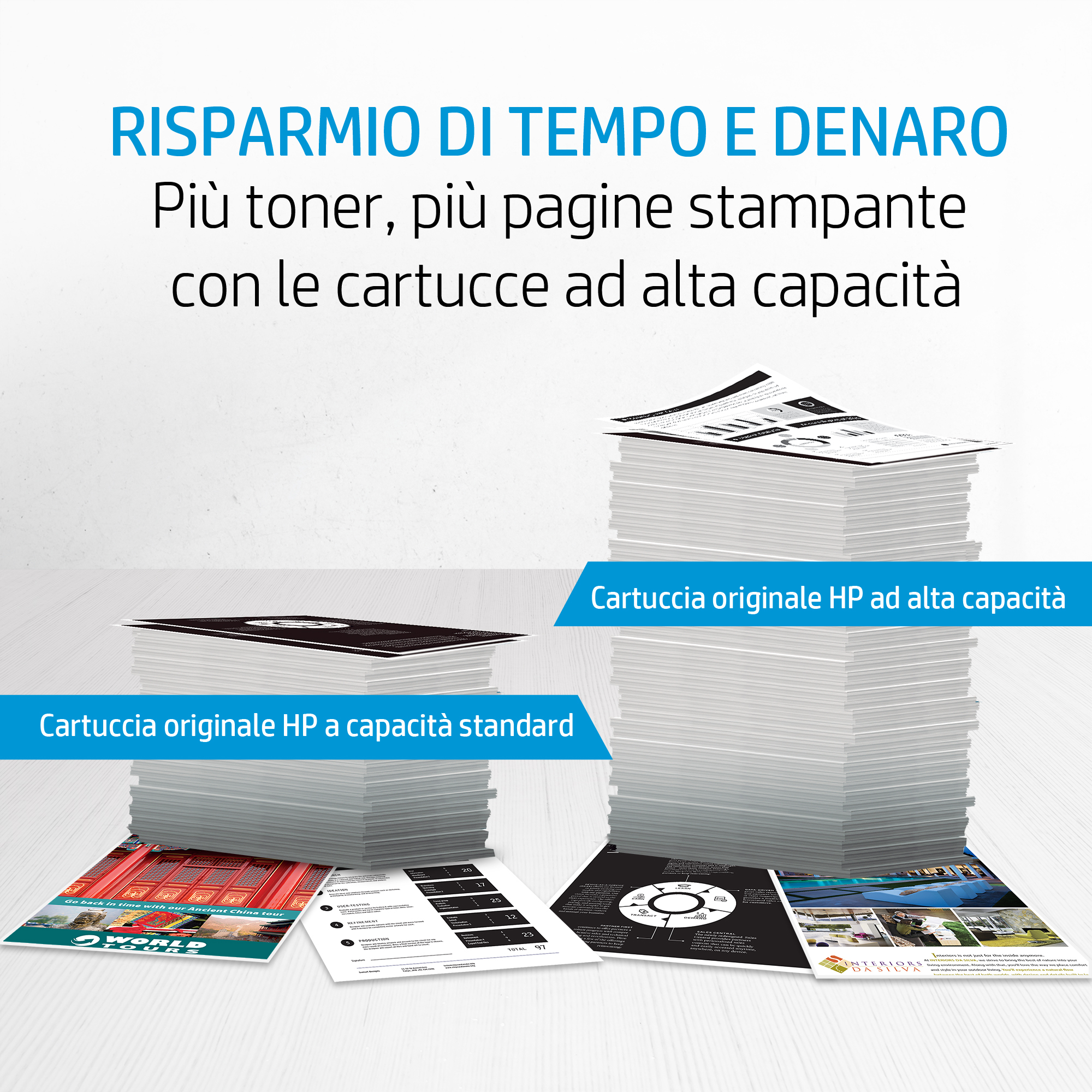 Das Bild zeigt Papierstapel und Text auf Italienisch. Aufschriften lauten 'Original HP-Kartusche' und 'hohe Kapazität'.