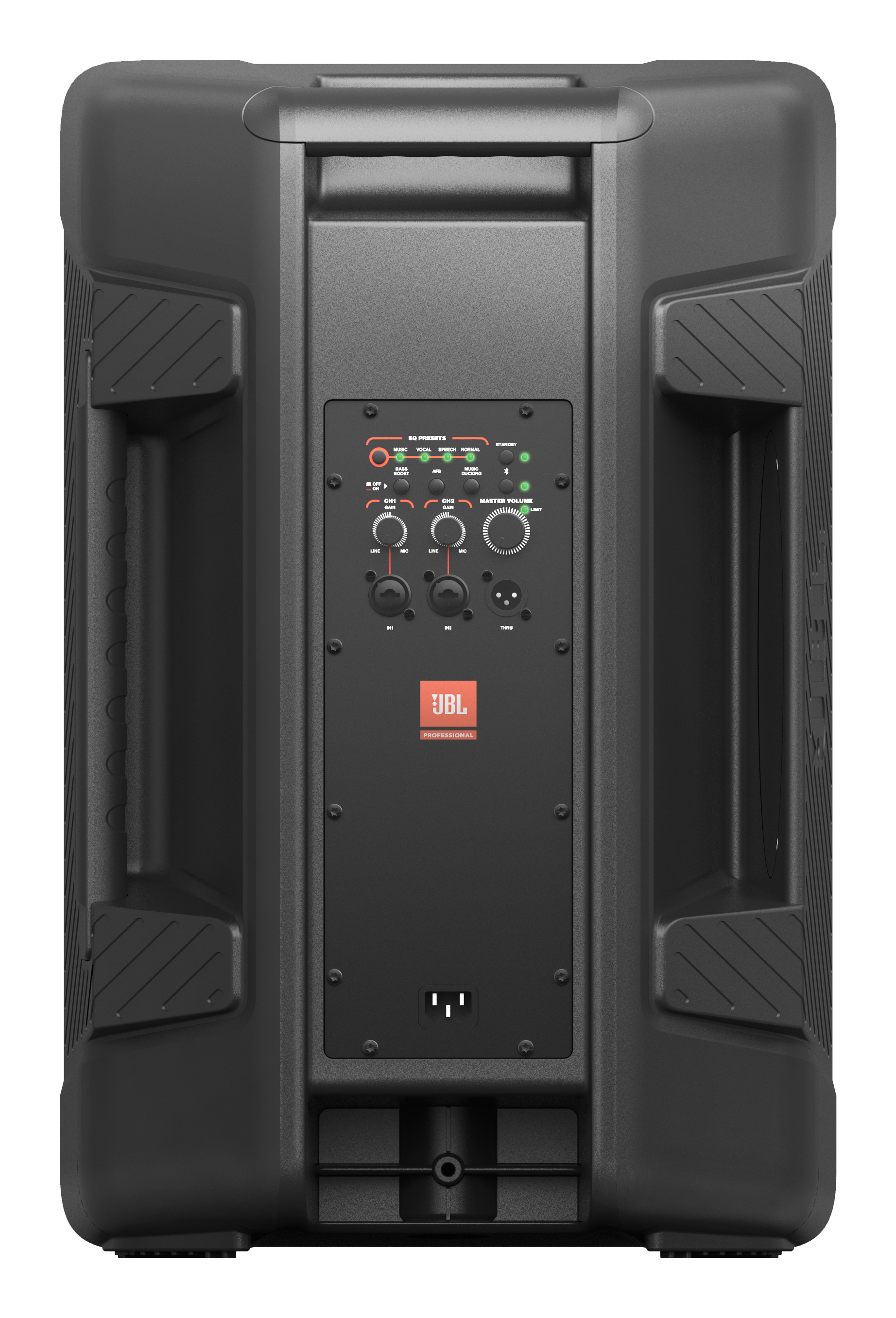 Panel trasero de altavoz JBL negro con controles, logotipo y entrada de alimentación. Incluye controles de volumen, entrada y ecualización.