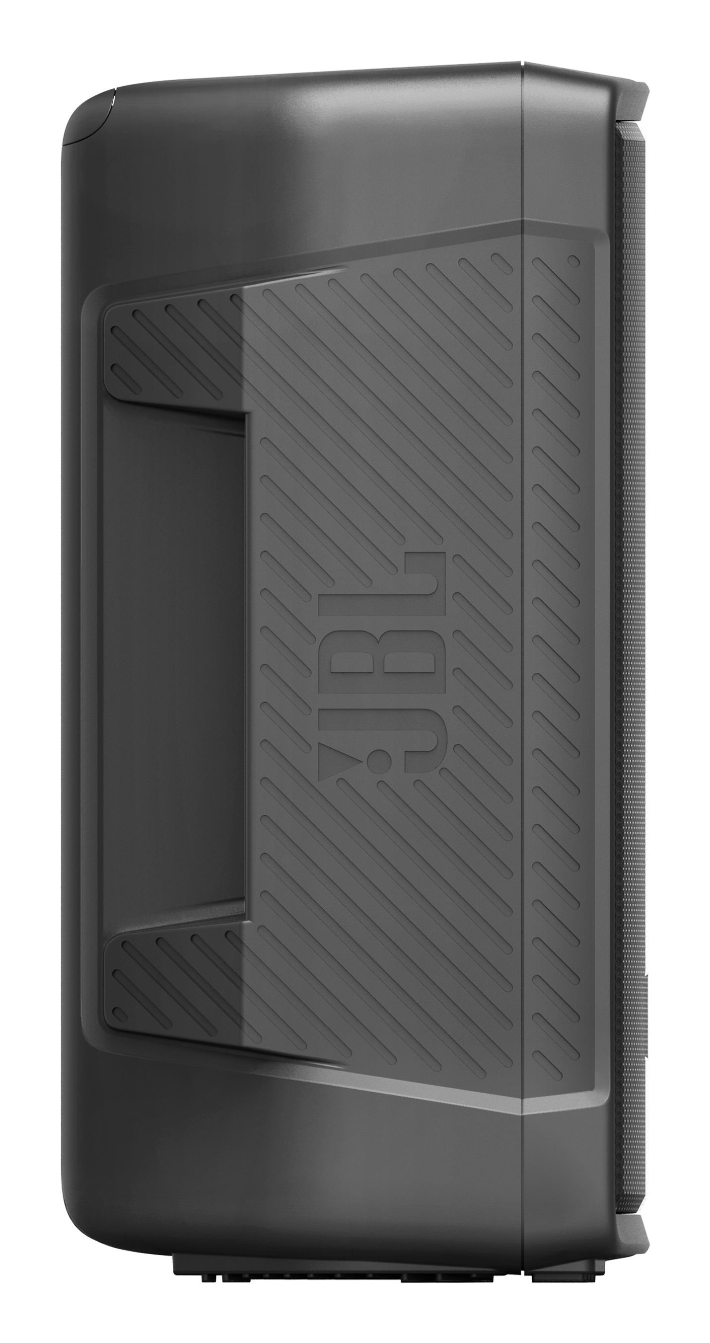 Un altavoz JBL negro. Tiene un asa y el logotipo de JBL. El altavoz está sobre un fondo blanco.