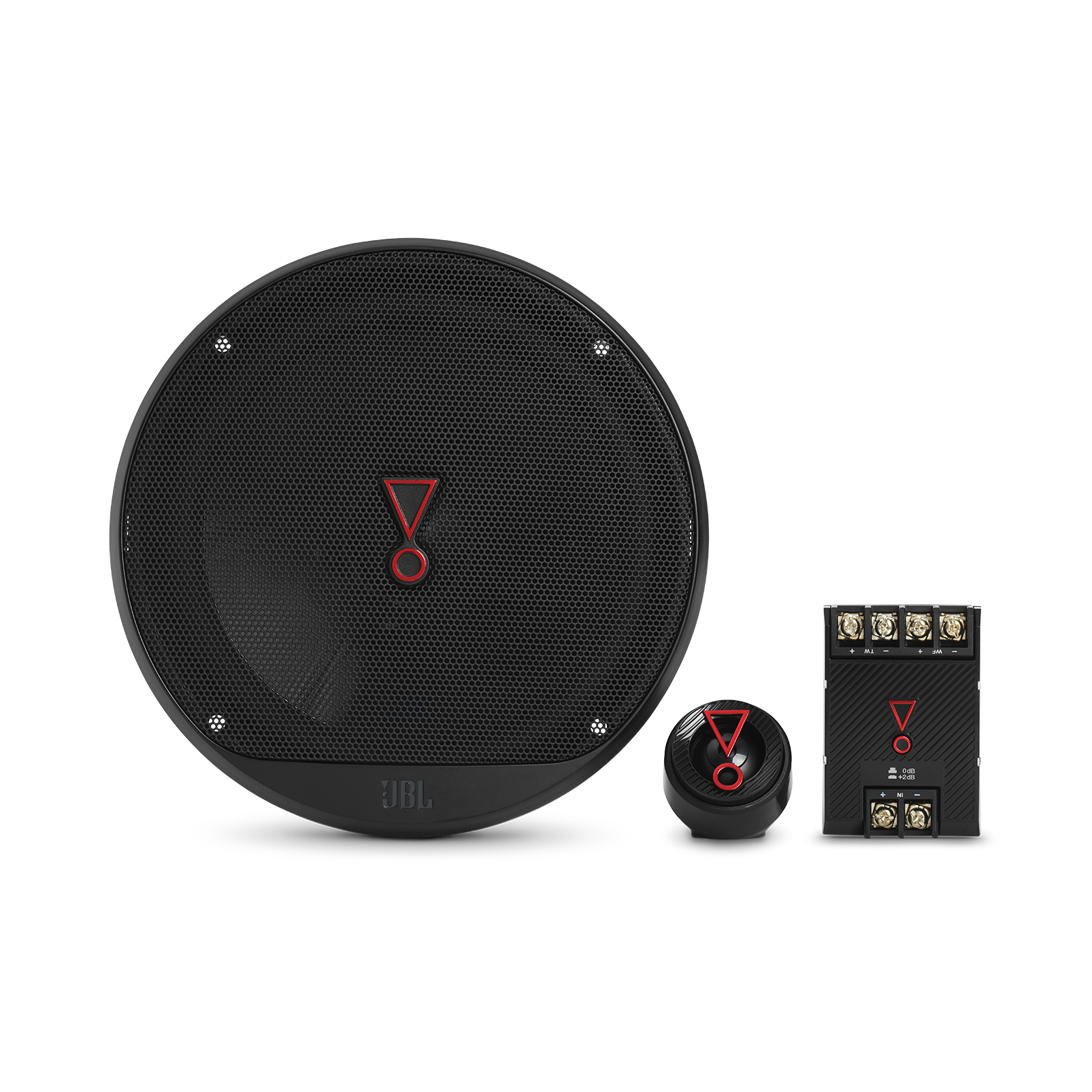 Système audio de voiture JBL noir. Comprend un grand haut-parleur, un petit haut-parleur et une unité de contrôle, le tout sur fond blanc.