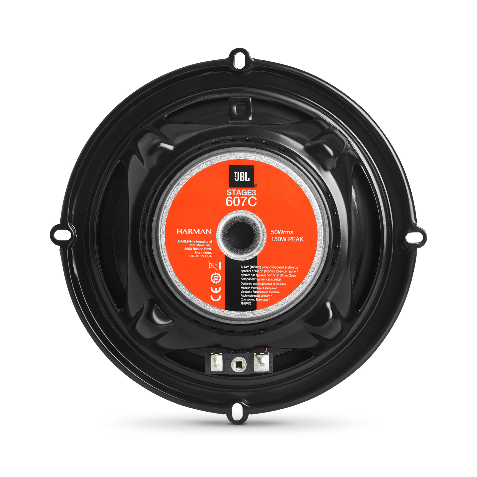Un haut-parleur JBL noir. Il a un centre orange avec du texte blanc et un cadre circulaire noir.