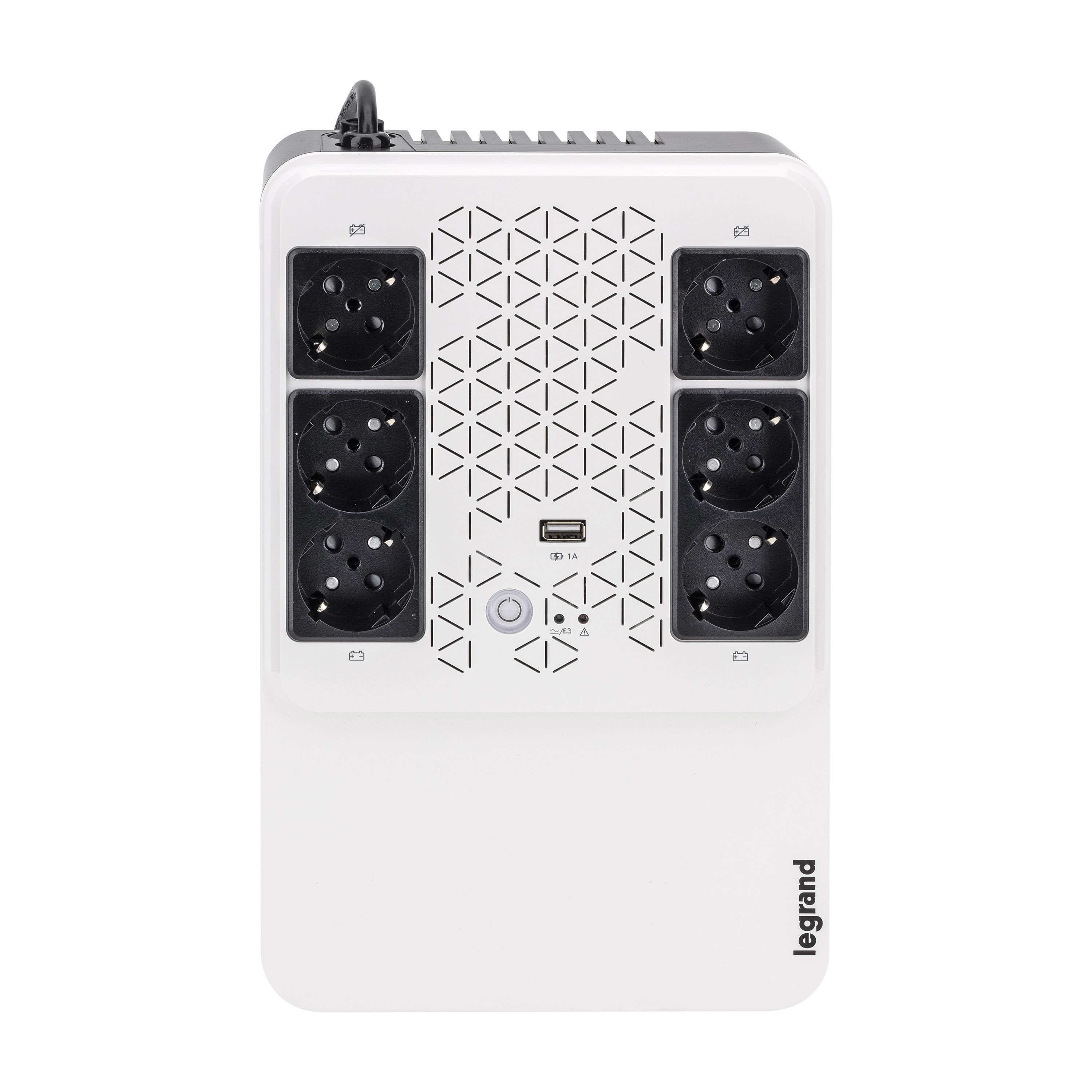 Ein weißes Verlängerungskabel mit schwarzen Steckdosen, einem USB-Anschluss und einem Netzschalter. Legrand-Logo.