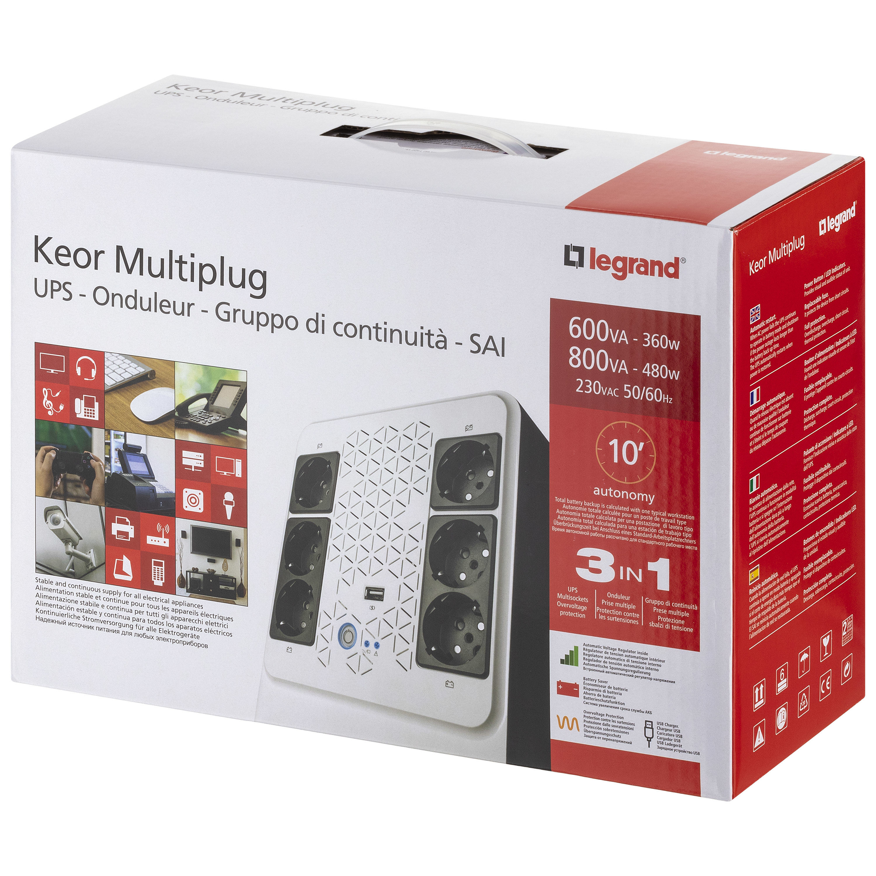 Weiße Keor Multiplug-Box mit Steckdosen, USB und Legrand-Logo. Textdetails zu Leistung und Funktionen.