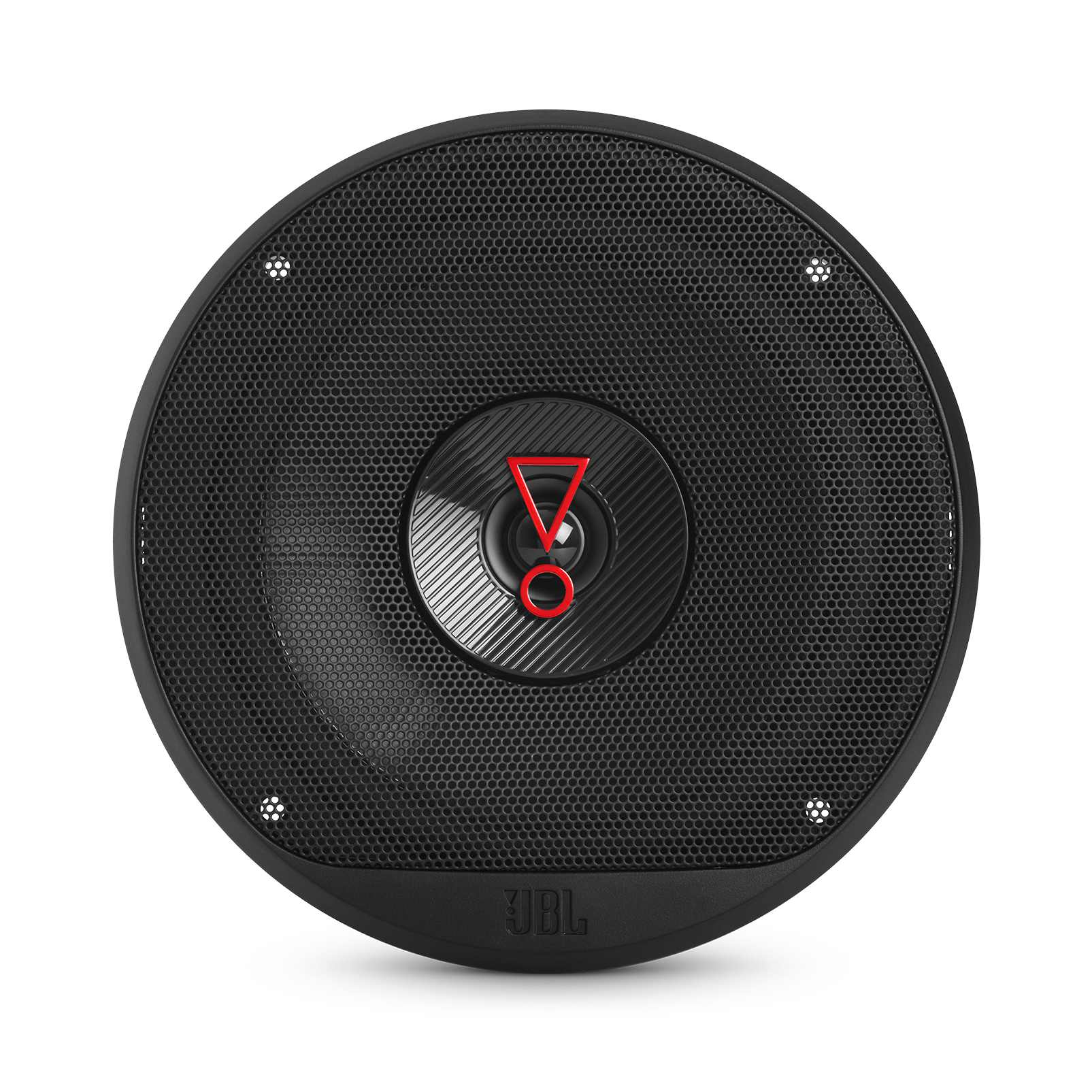 Un haut-parleur noir avec un triangle et un cercle rouges au centre. Le logo JBL est en bas.