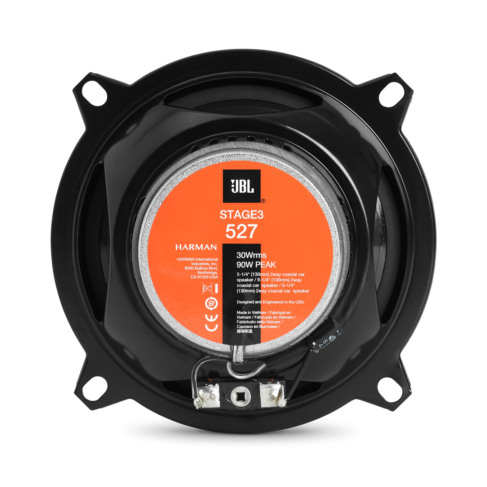 Un haut-parleur de voiture JBL Stage3 527, cadre noir, centre orange avec texte et haut-parleur argenté. Fond blanc.