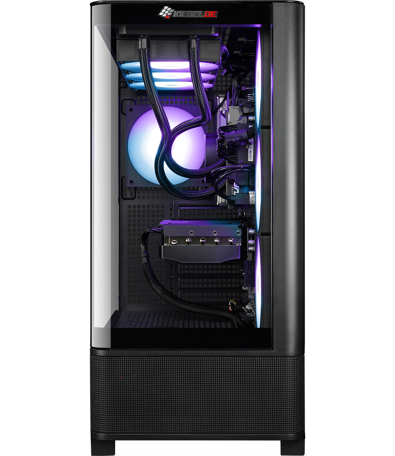 Un boîtier d'ordinateur ouvert montre les composants internes. Il a un côté en verre, avec un refroidisseur de CPU visible et des ventilateurs avec des lumières bleues et violettes.