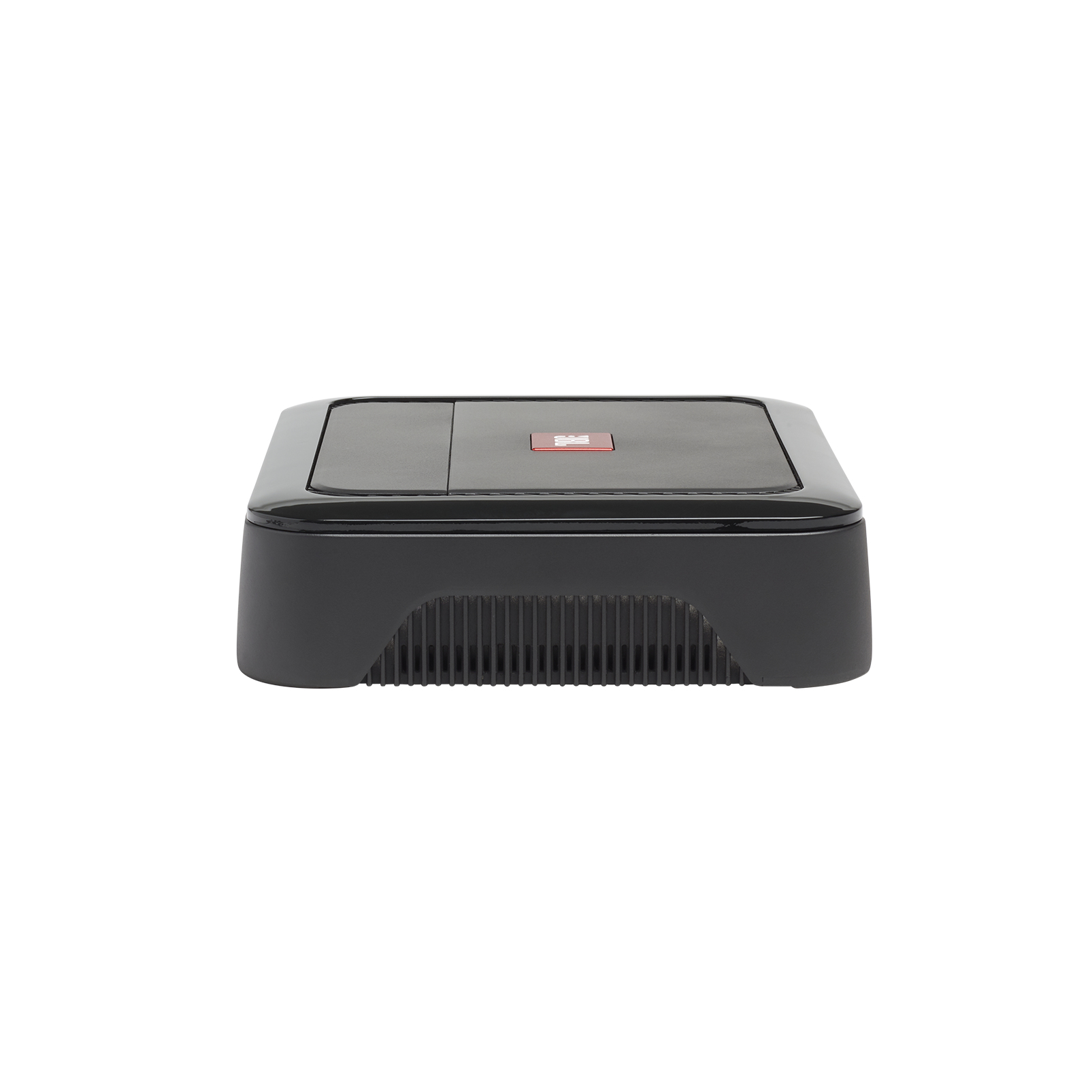 A black device with a red logo on top. It has a ridged front and is isolated on a white background.