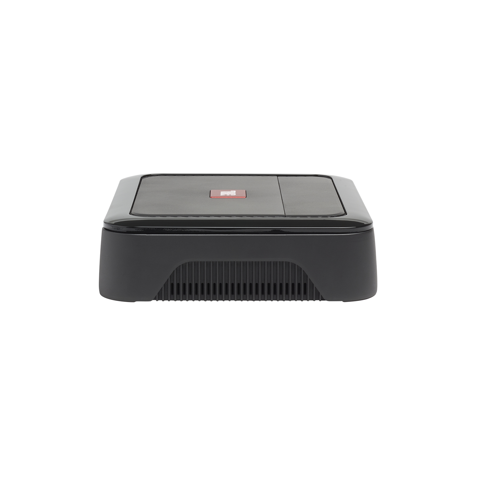 A black rectangular device on a white background. It has a red logo on top and a vent on the front.