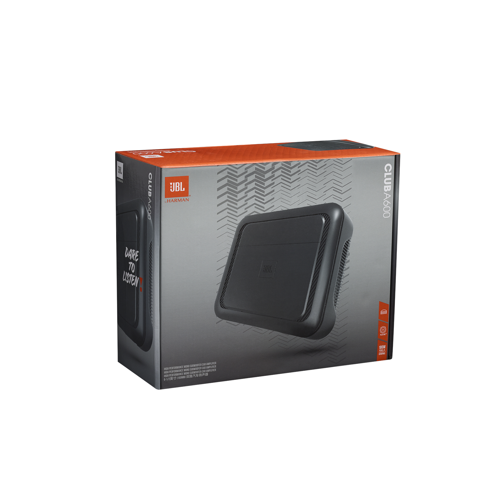 Boxed JBL Club A600 car amplifier. Black amplifier on grey background with JBL logo and text, and orange accents.