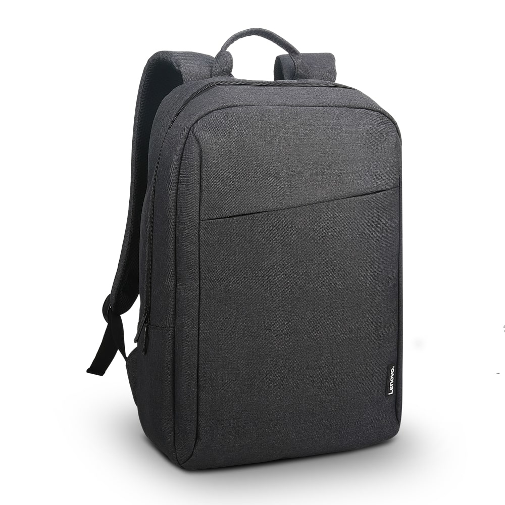 Uno zaino Lenovo grigio con maniglia e spallacci. Ha una tasca frontale e un logo Lenovo sul lato.