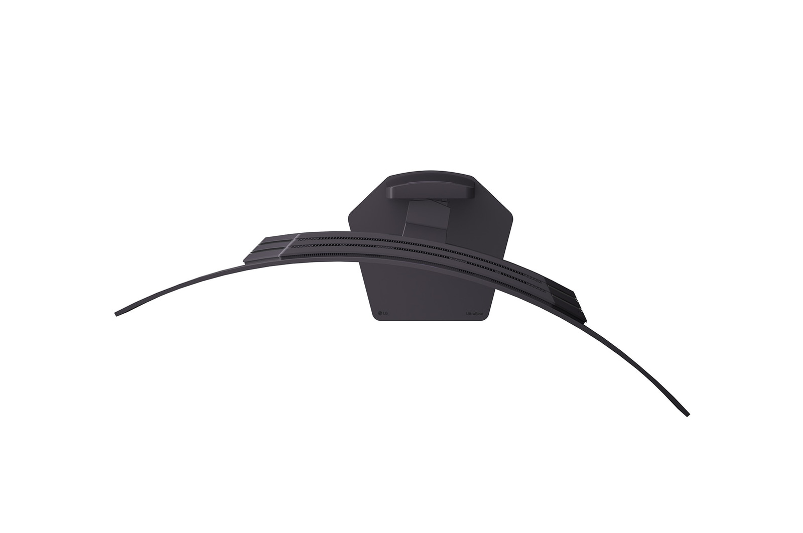 Zakrzywiony czarny stojak na monitor, z centralną podporą i dwoma zakrzywionymi ramionami, na białym tle.